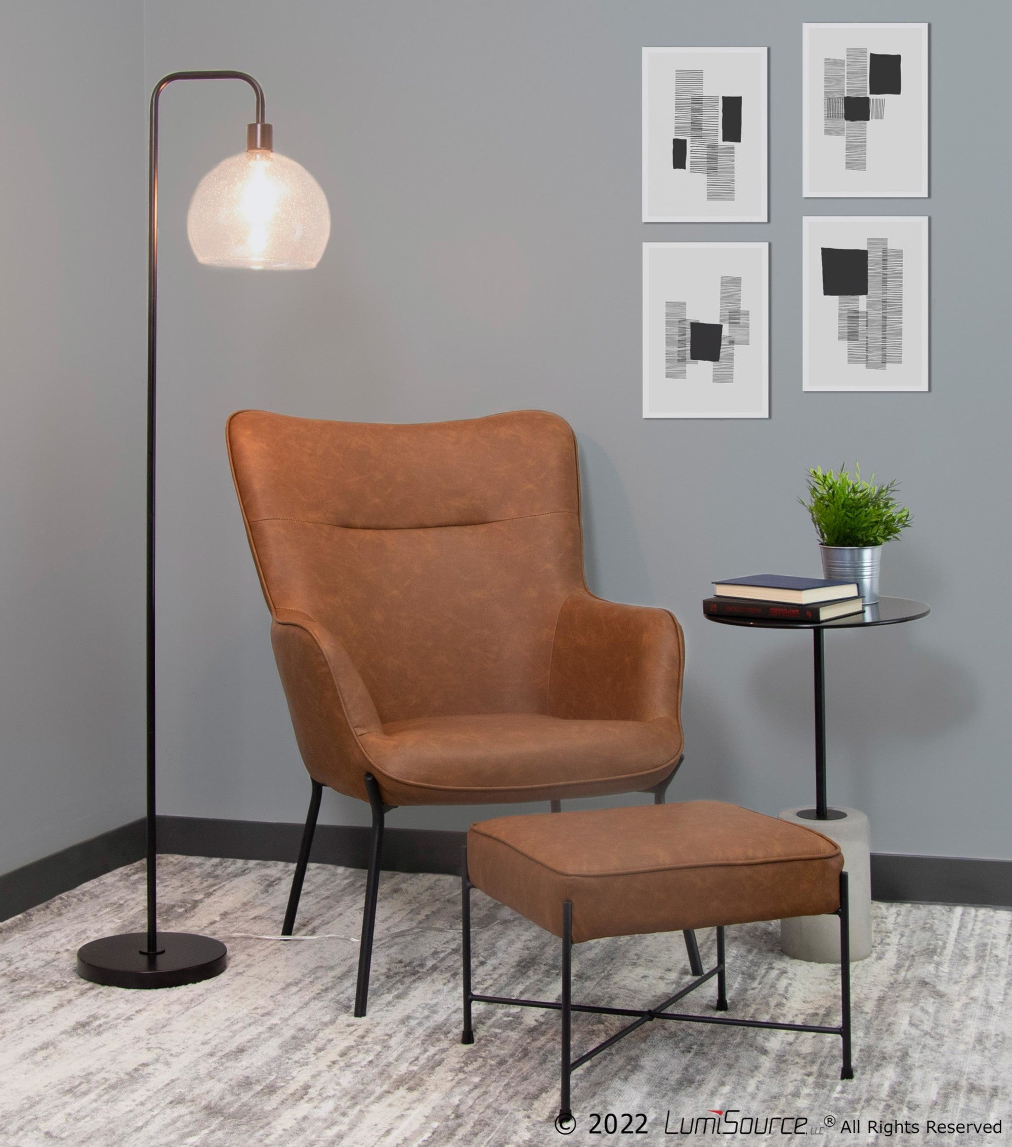 Izzy Lounge Chair + Ottoman Set - Black Metal, Camel PU