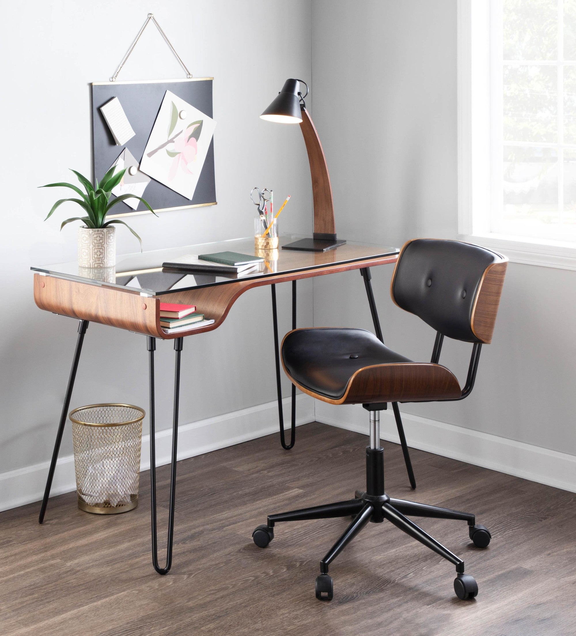 Lombardi Office Chair - Black Metal, Walnut Wood, Black PU