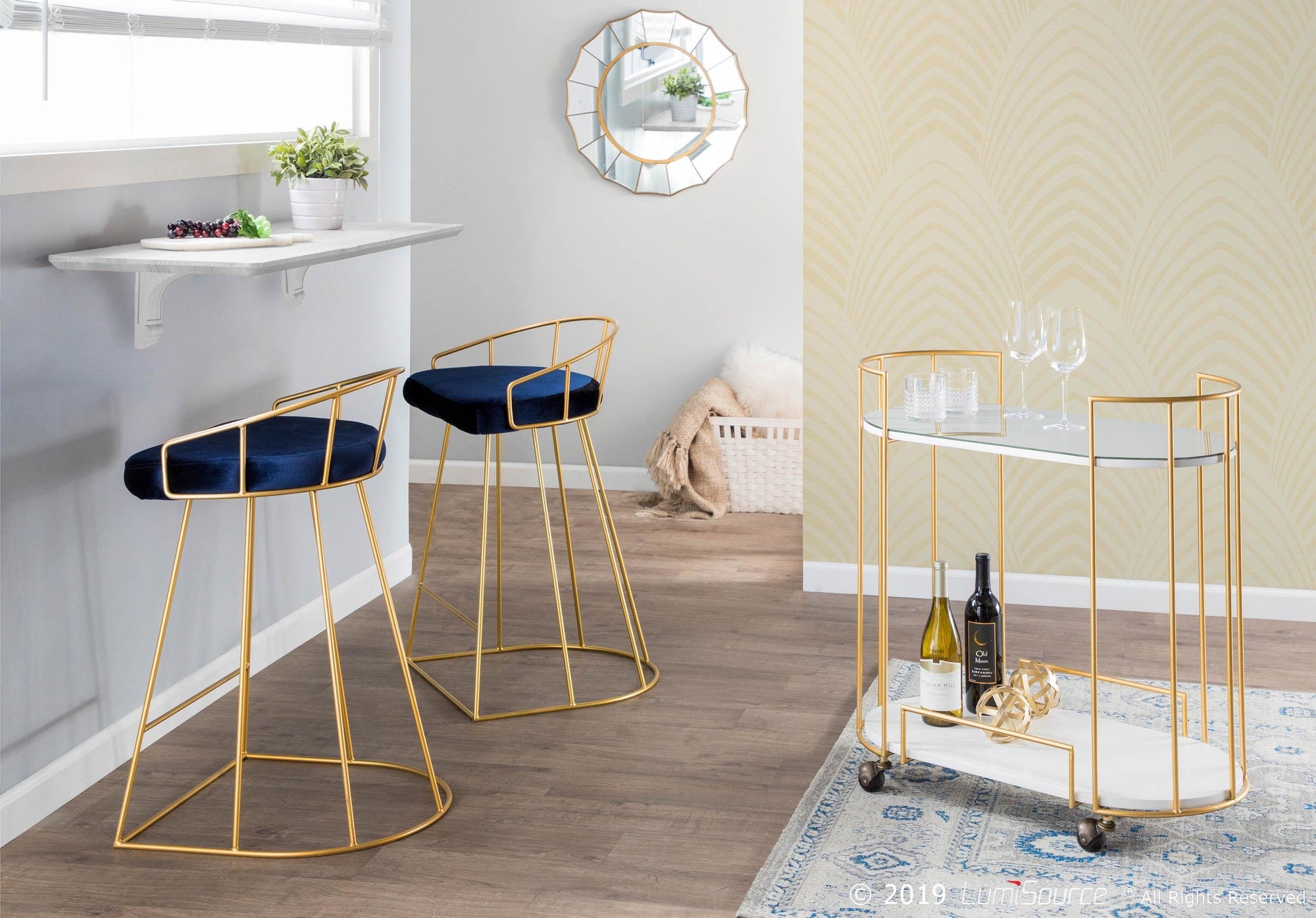 Canary Counter Stool - Set of 2 - Gold Metal, Royal Blue Velvet