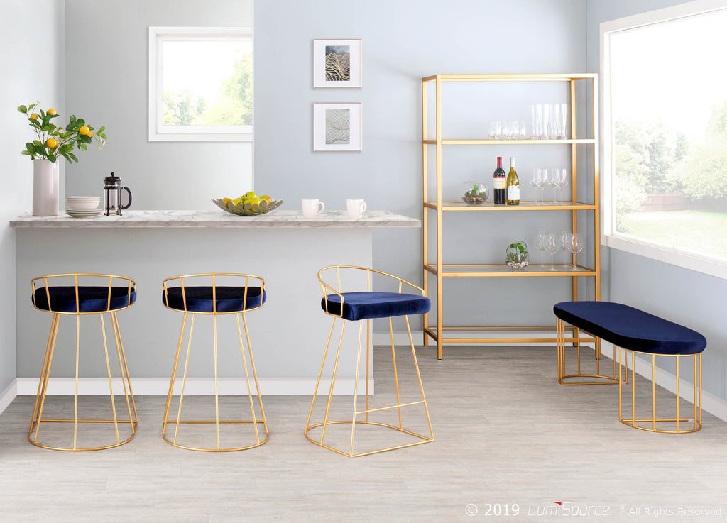 Canary Counter Stool - Set of 2 - Gold Metal, Royal Blue Velvet