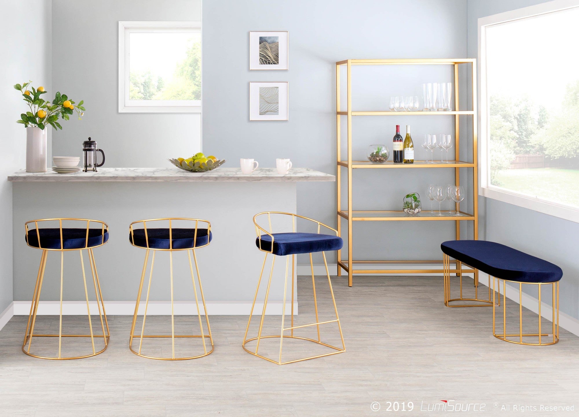 Canary Counter Stool - Set of 2 - Gold Metal, Royal Blue Velvet