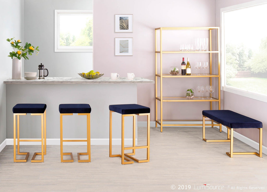 Midas 26" Fixed-Height Counter Stool - Set of 2 - Gold Metal, Royal Blue Velvet