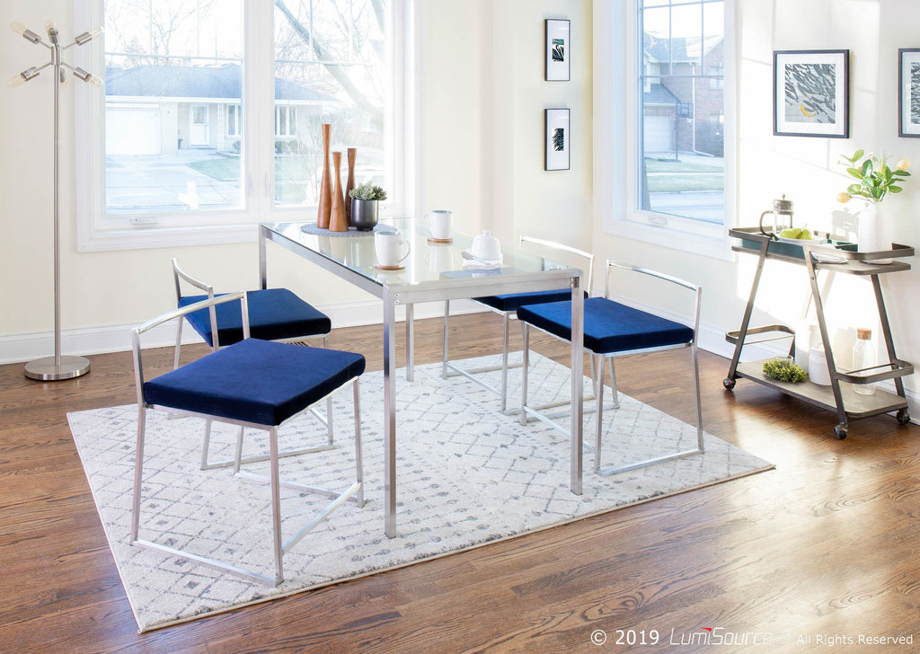 Fuji Dining Chair - Set of 2 - Brushed Stainless Steel, Blue Velvet