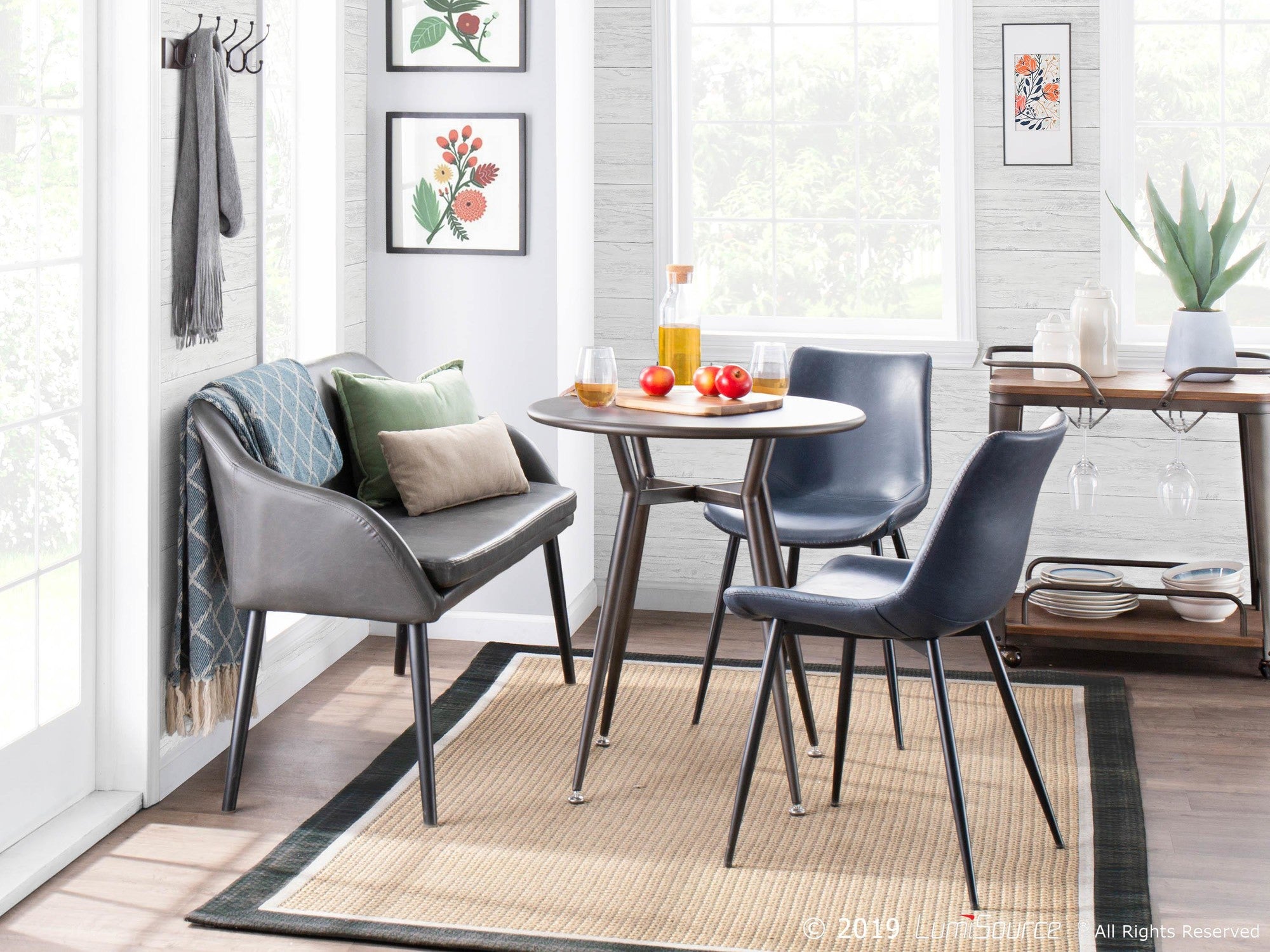 Durango Dining Chair - Set of 2 - Black Metal, Blue PU, Grey Zig Zag Stitching