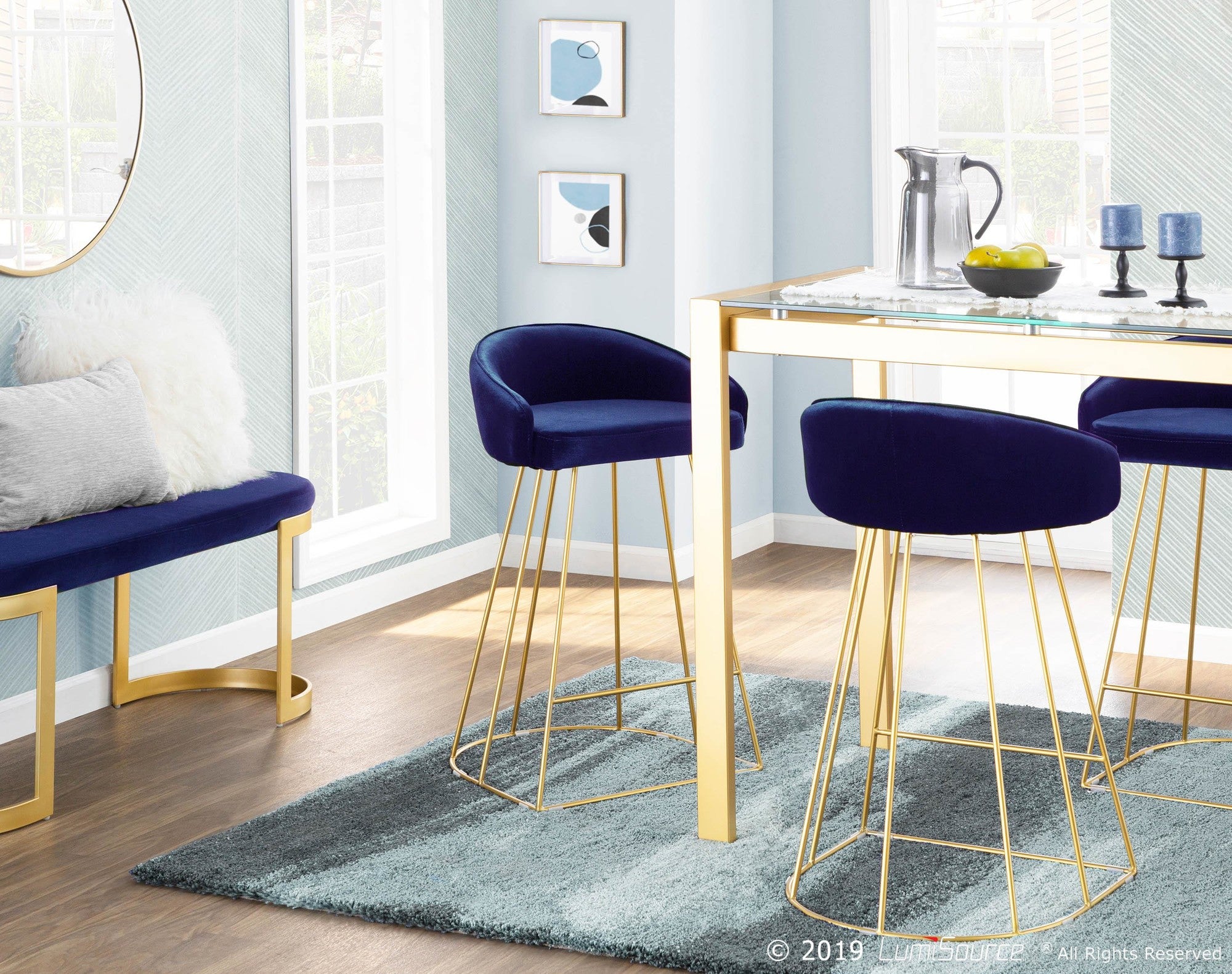 Canary Counter Stool - Set of 2 - Gold Metal, Blue Velvet