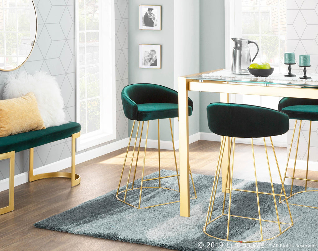 Canary Counter Stool - Set of 2 - Gold Metal, Green Velvet
