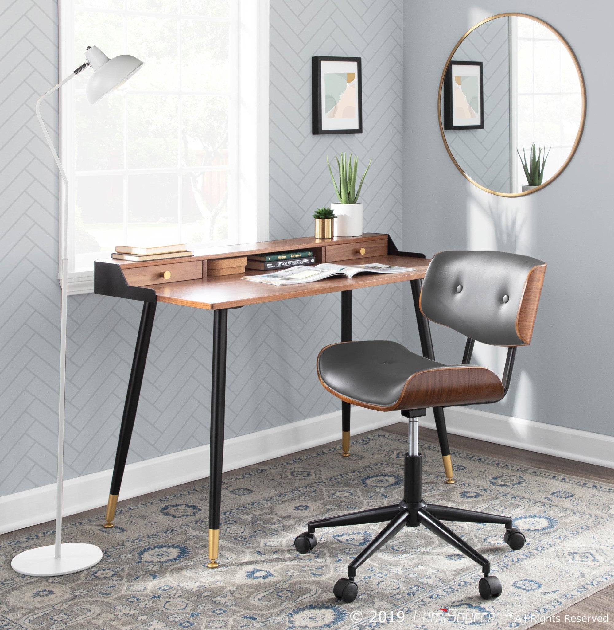 Lombardi Office Chair - Black Metal, Walnut Wood, Grey PU