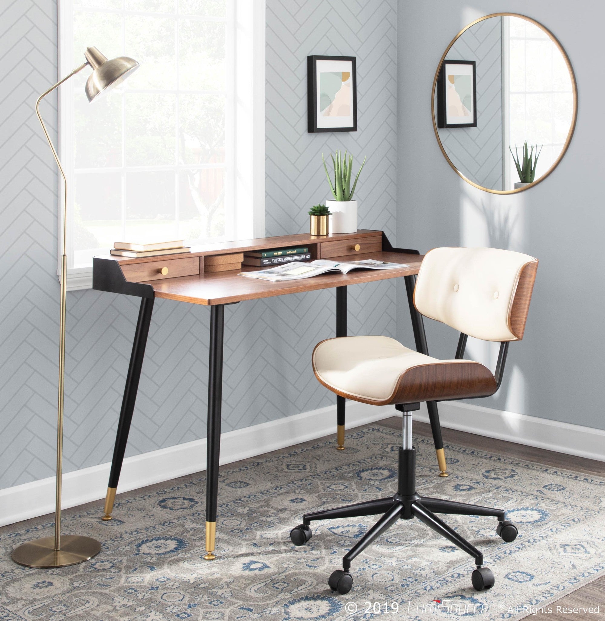 Lombardi Office Chair - Black Metal, Walnut Wood, Cream PU