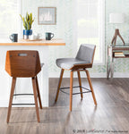 Corazza 26" Fixed-Height Counter Stool - Walnut Wood, Light Grey Fabric, Black Metal
