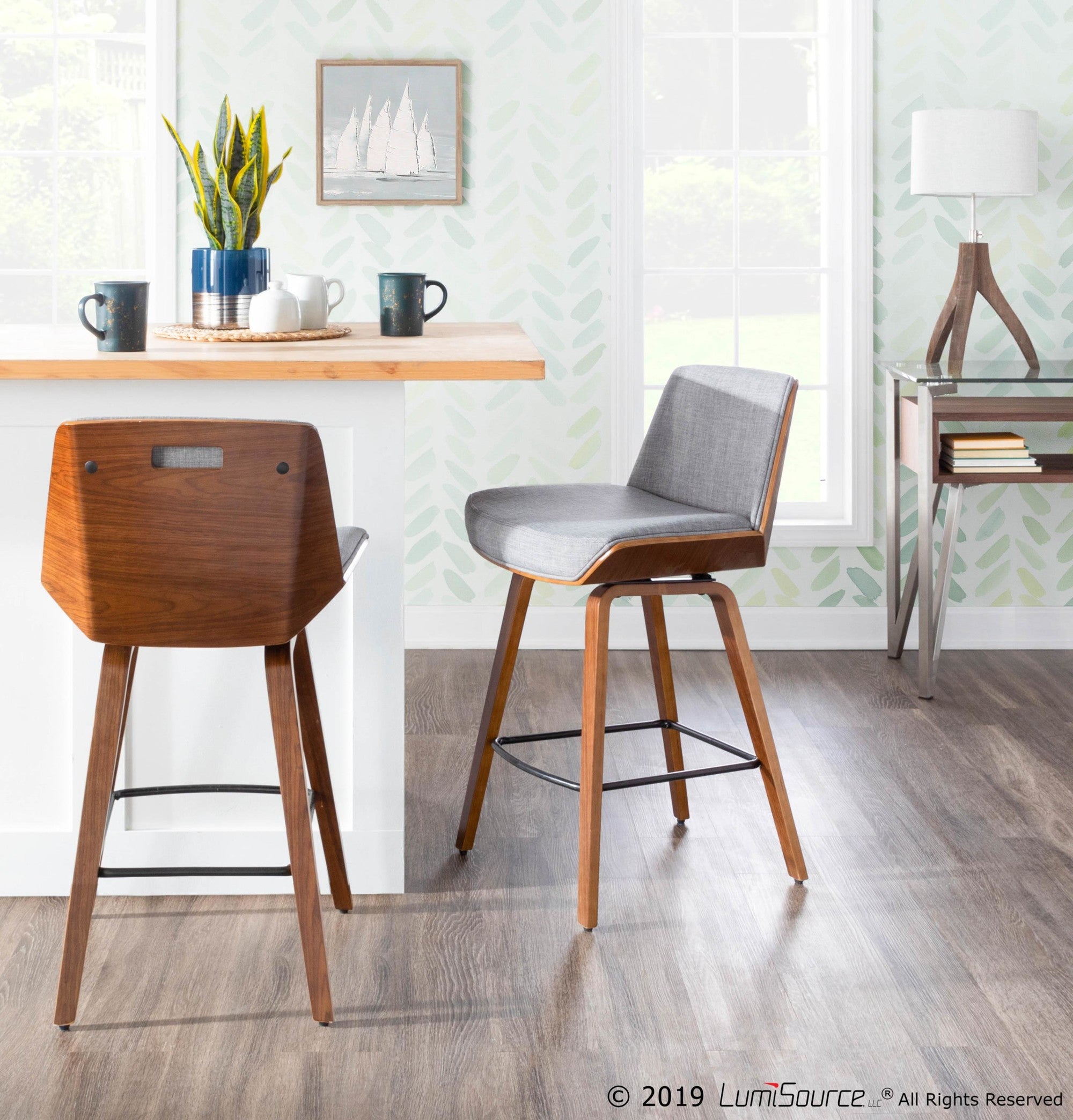 Corazza 26" Fixed-Height Counter Stool - Walnut Wood, Light Grey Fabric, Black Metal
