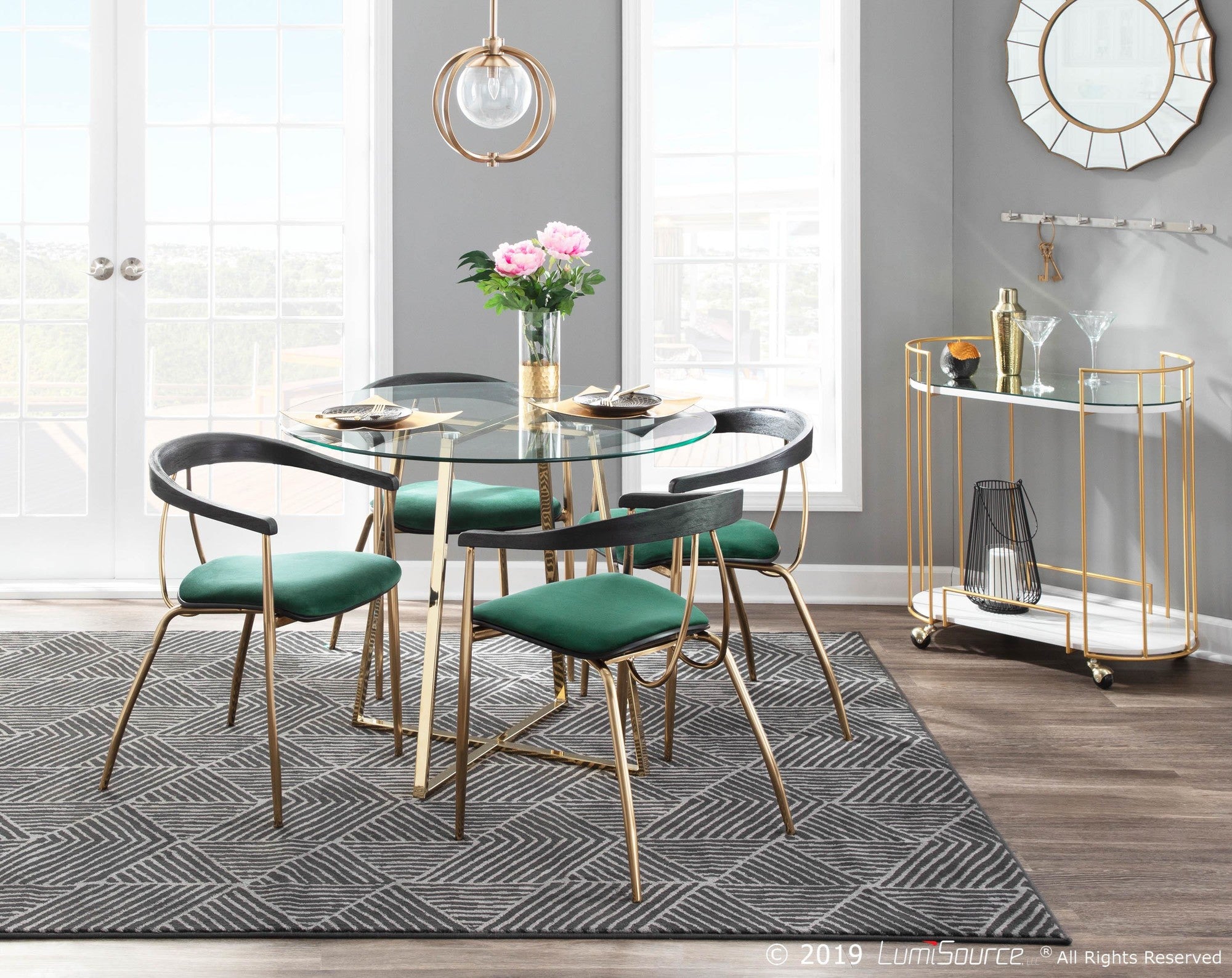 Vanessa Chair - Set of 2 - Gold Metal, Green Velvet, Black Wood