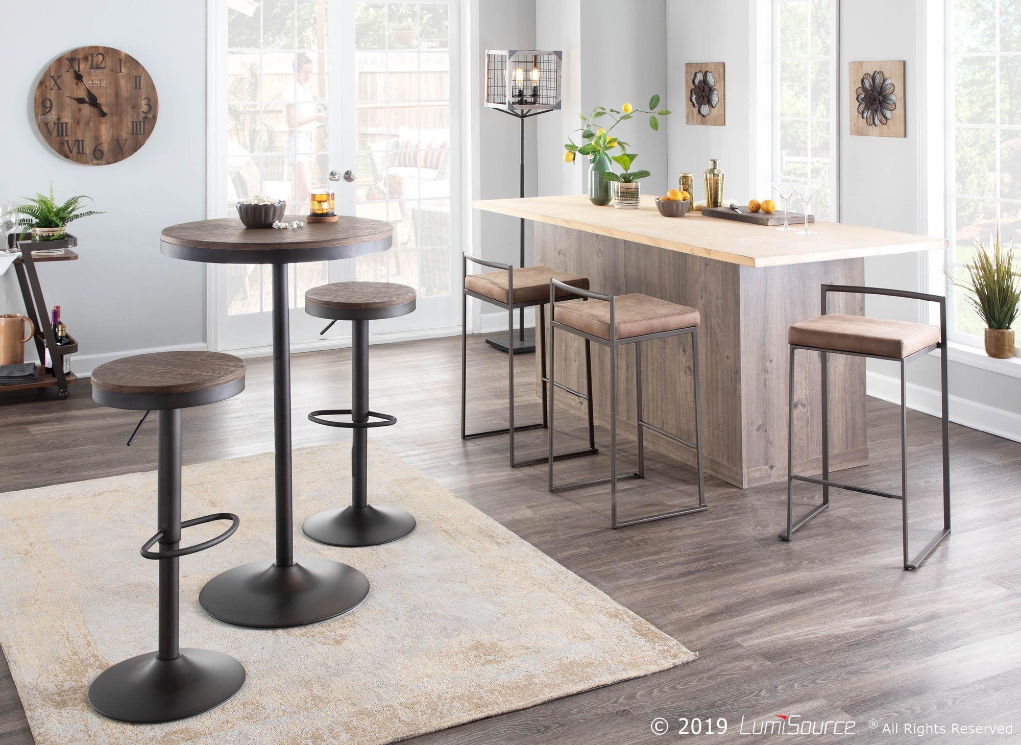 Dakota Adjustable Barstool - Set of 2 - Antique Metal, Brown Bamboo