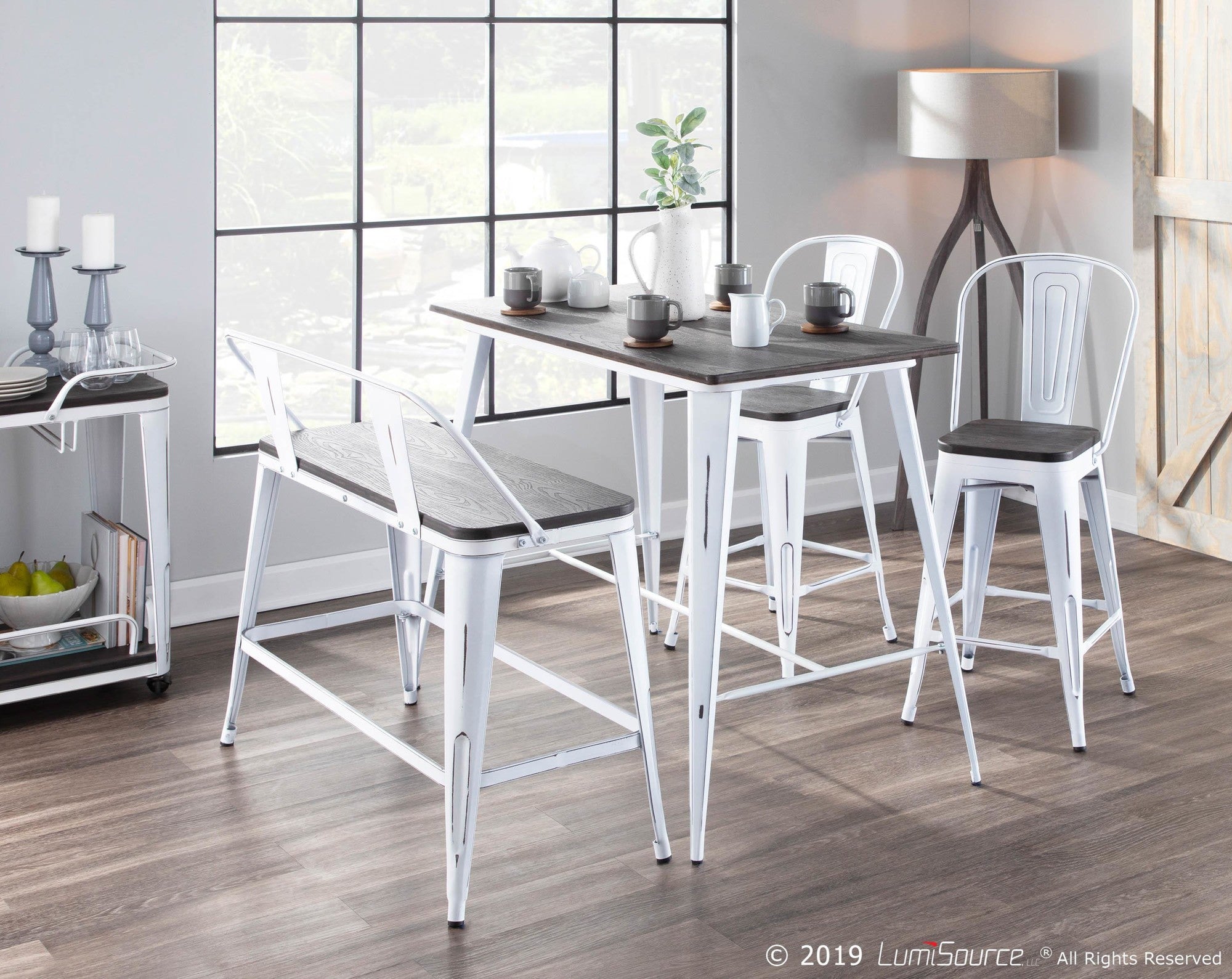 Oregon High Back 24" Fixed-Height Counter Stool - Set of 2 - Vintage White Metal, Espresso Bamboo