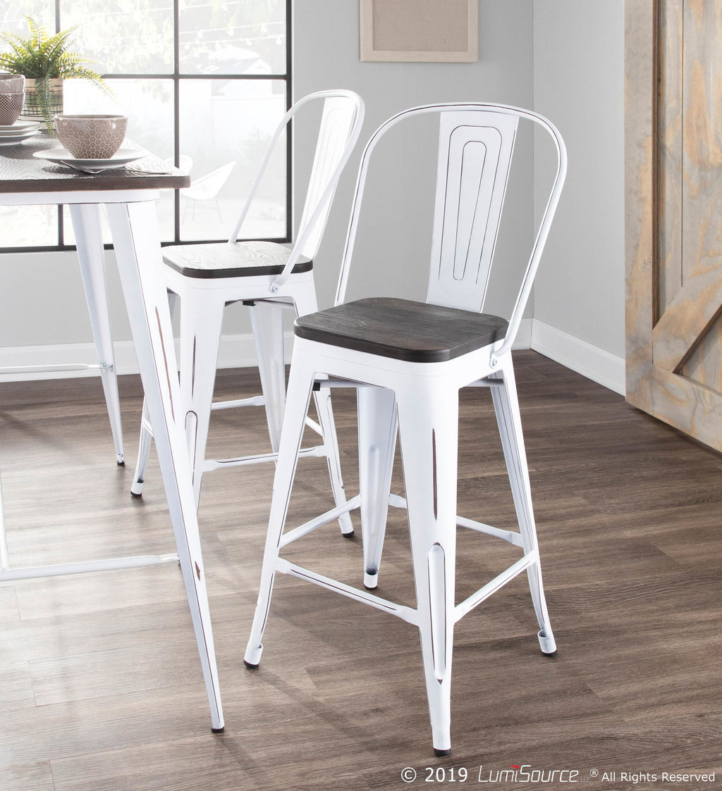 Oregon High Back 24" Fixed-Height Counter Stool - Set of 2 - Vintage White Metal, Espresso Bamboo