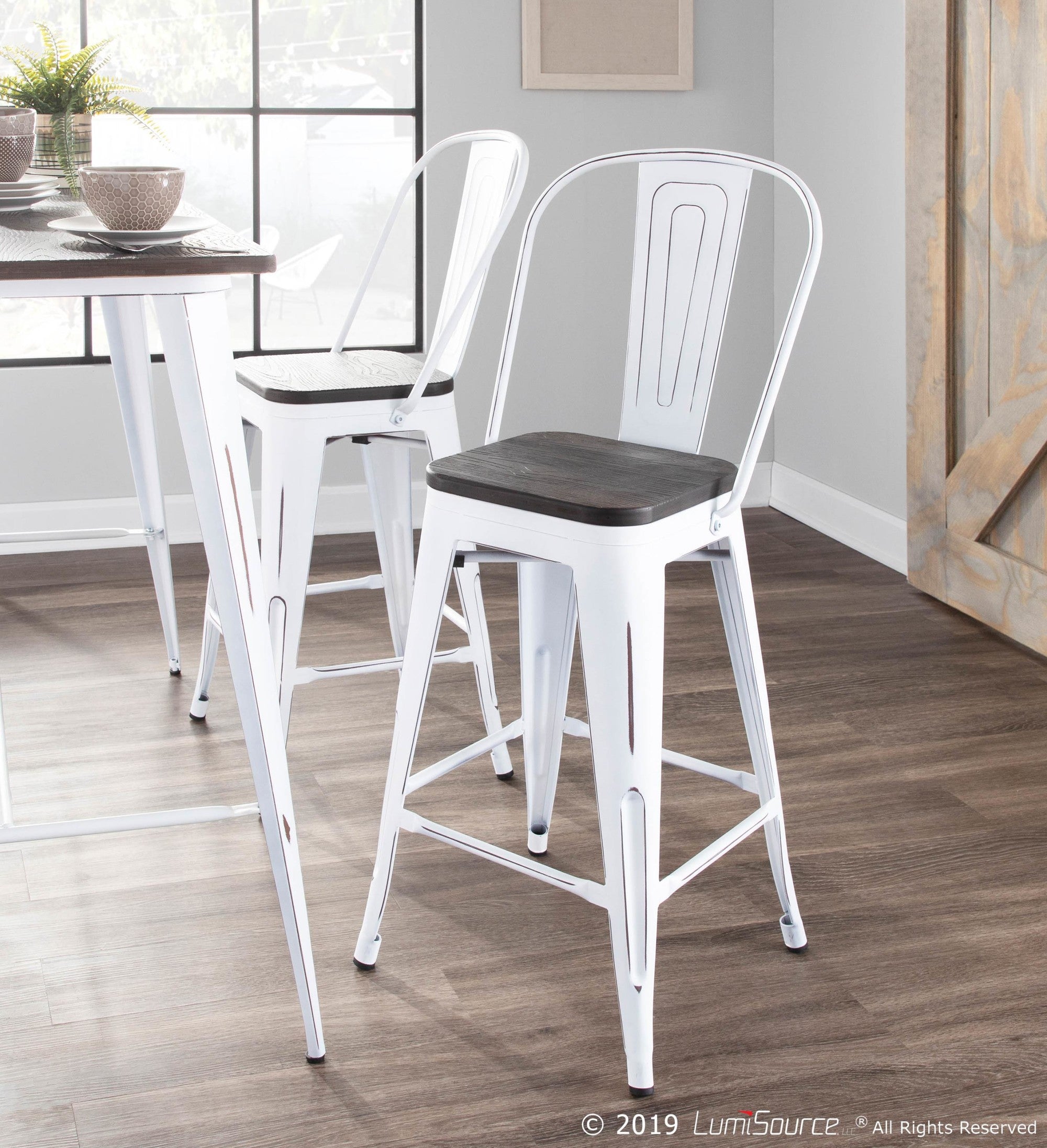 Oregon High Back 24" Fixed-Height Counter Stool - Set of 2 - Vintage White Metal, Espresso Bamboo