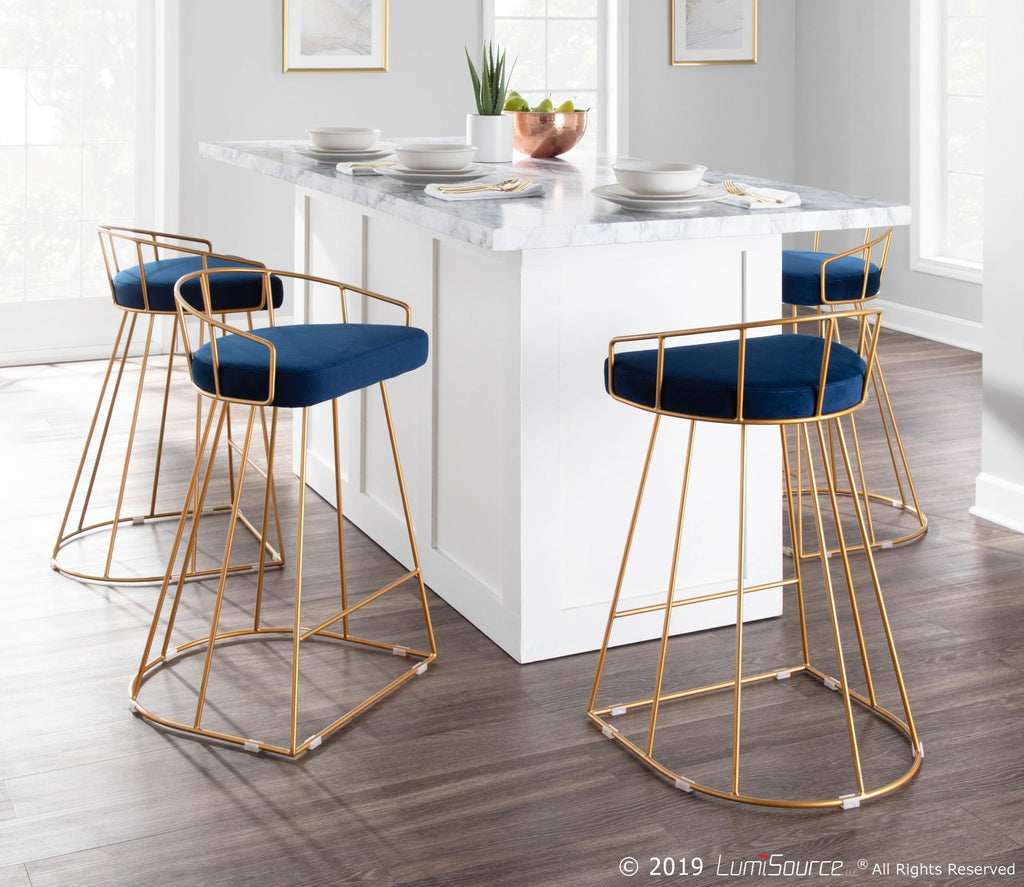 Canary Counter Stool - Set of 2 - Gold Metal, Royal Blue Velvet