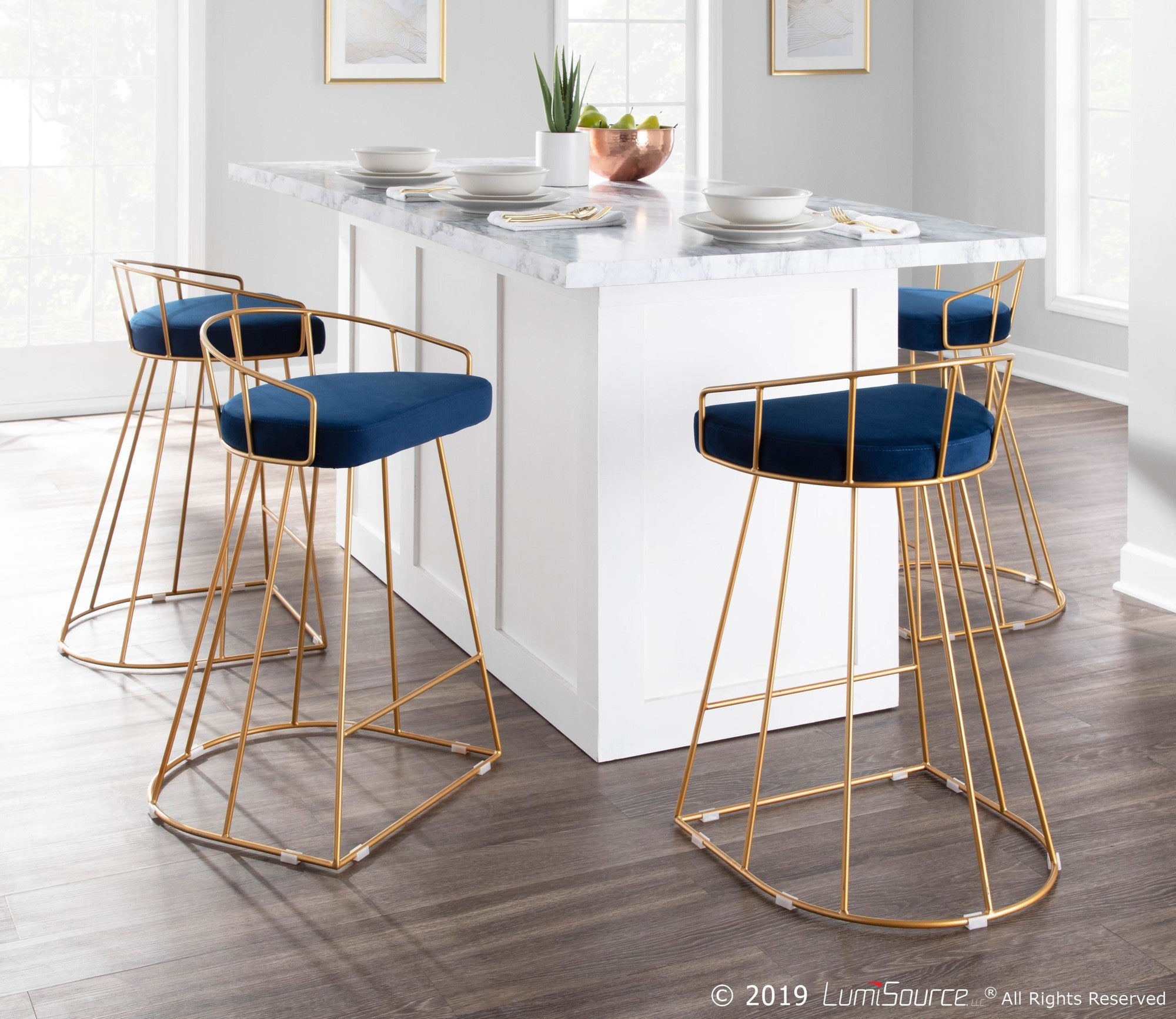 Canary Counter Stool - Set of 2 - Gold Metal, Royal Blue Velvet