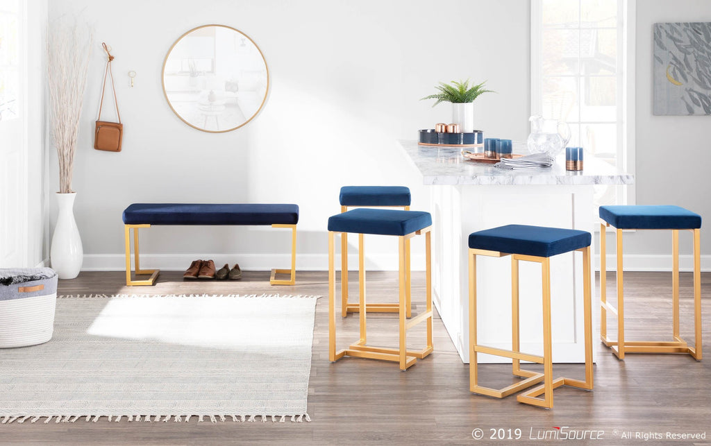 Midas 26" Fixed-Height Counter Stool - Set of 2 - Gold Metal, Royal Blue Velvet