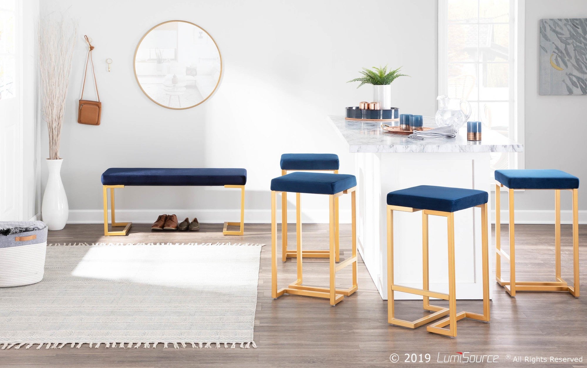Midas 26" Fixed-Height Counter Stool - Set of 2 - Gold Metal, Royal Blue Velvet