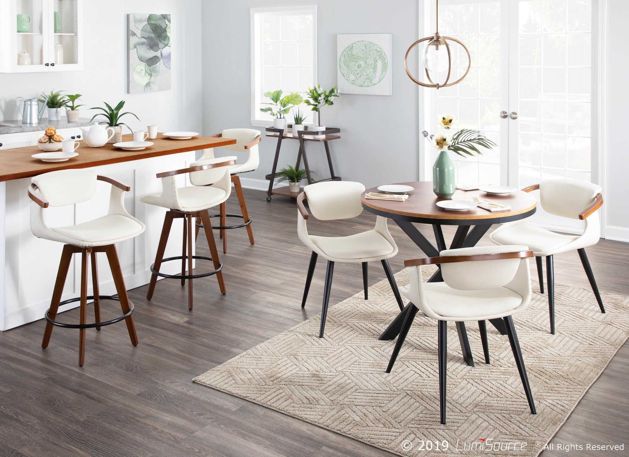 Oracle 26" Fixed-Height Counter Stool - Walnut Bamboo, Black Metal, Cream PU