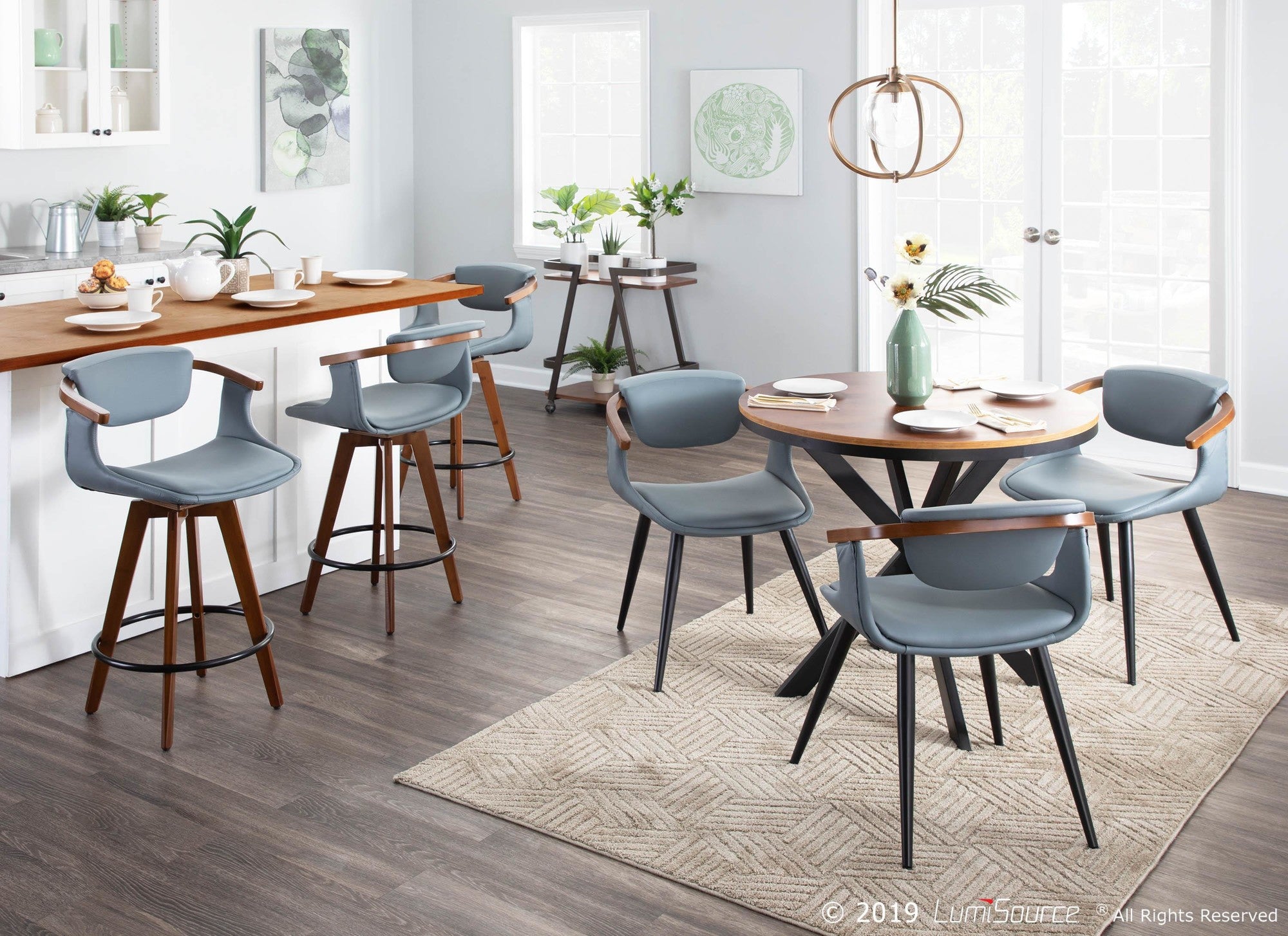 Oracle 26" Fixed-Height Counter Stool - Walnut Bamboo, Black Metal, Grey PU