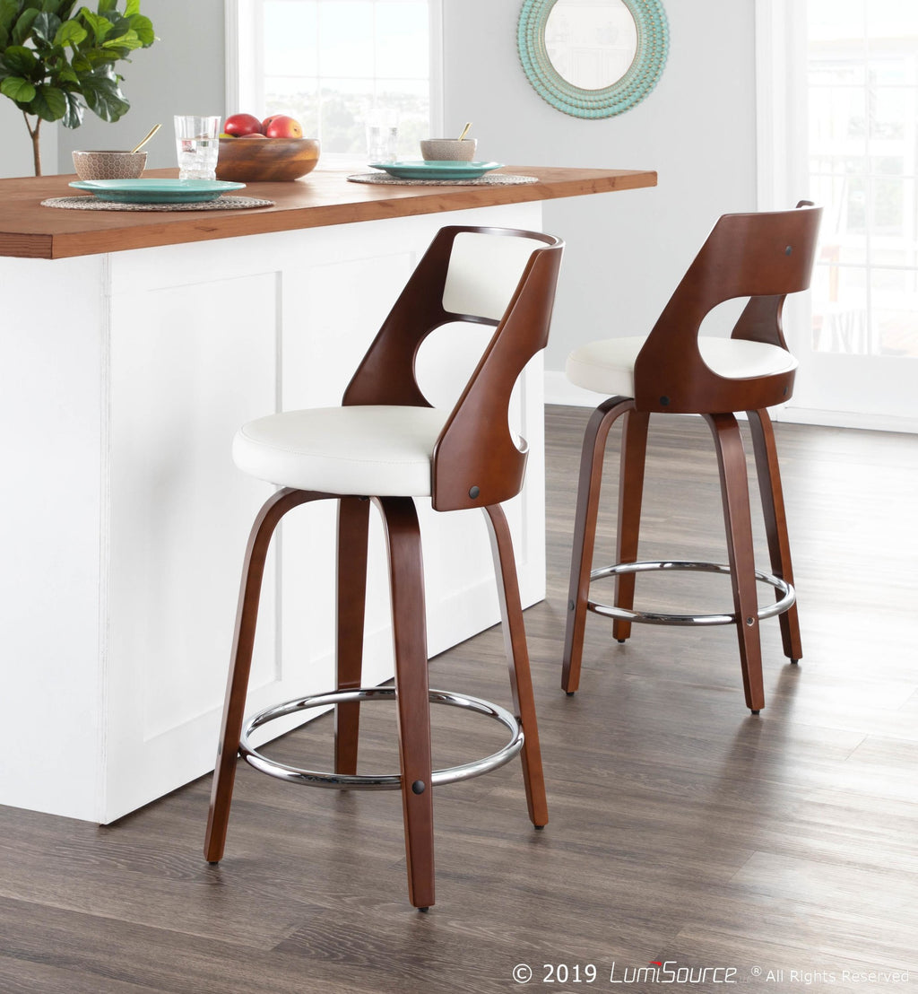 Cecina 24'' Fixed-Height Counter Stool - Set of 2 - Mahogany Wood, White PU, Chrome