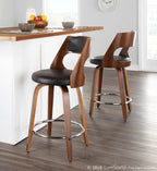 Cecina 24'' Fixed-Height Counter Stool - Set of 2 - Walnut Wood, Brown PU, Chrome