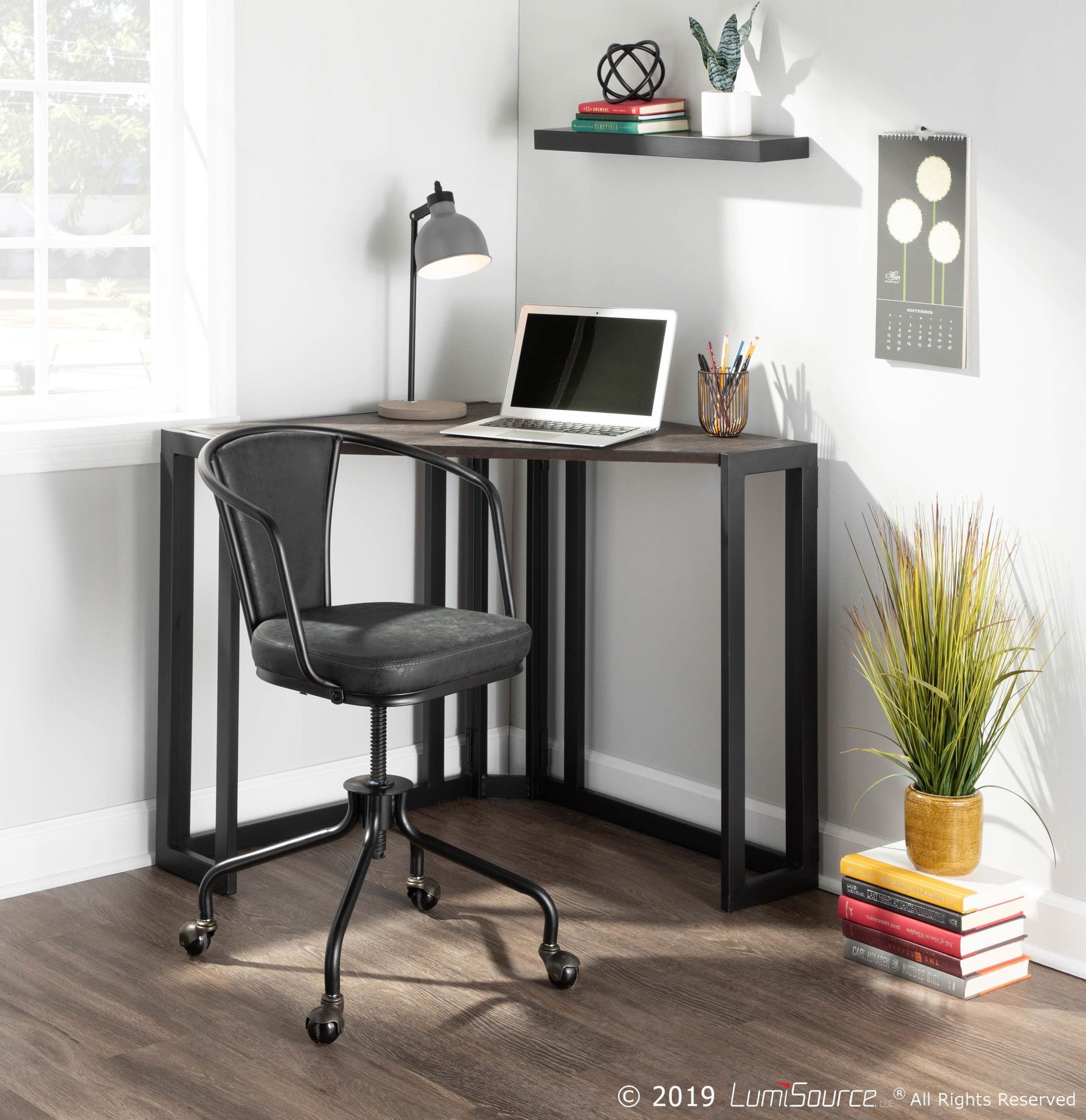 Roman Corner Desk - Black Metal, Espresso Bamboo