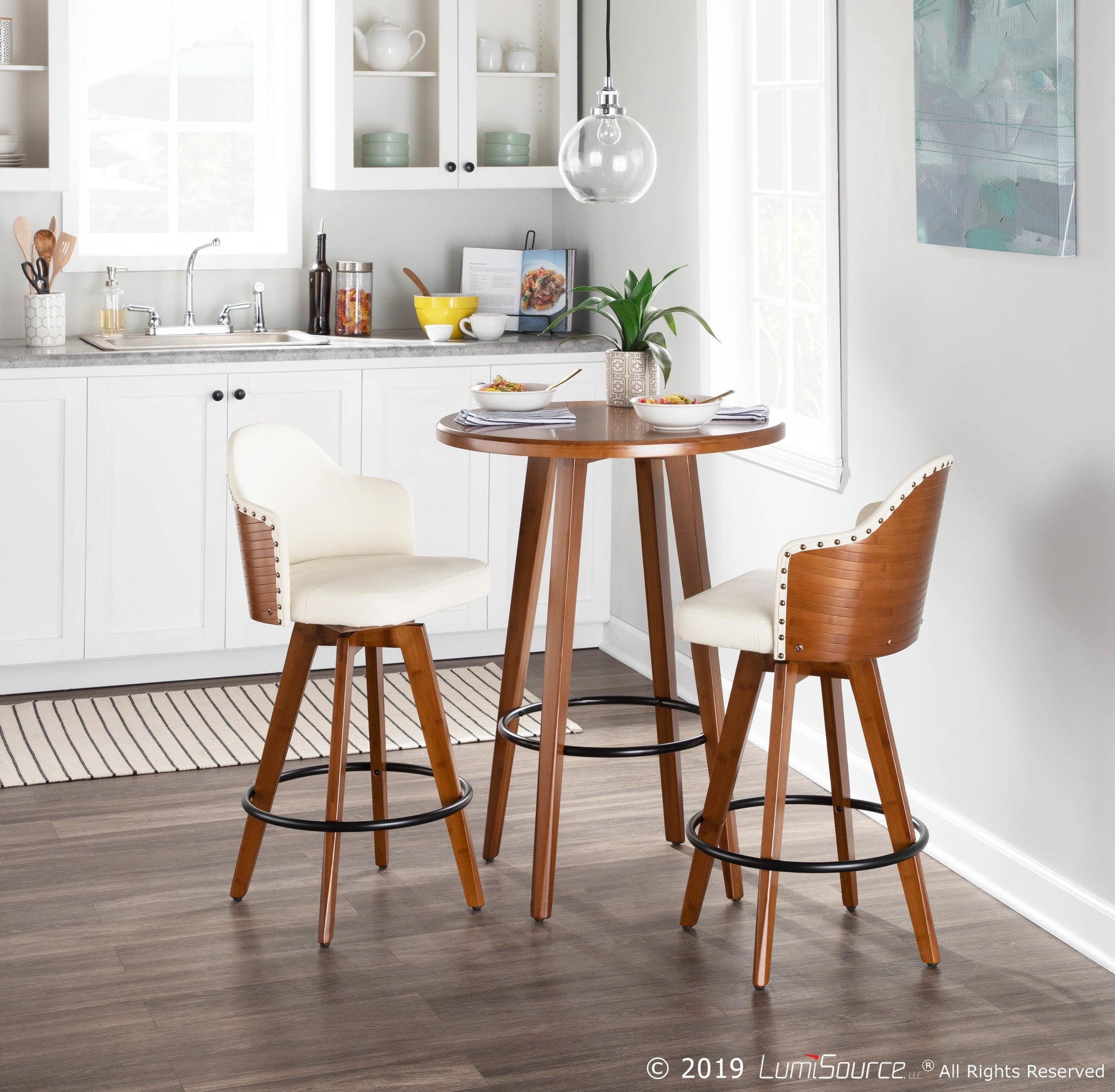 Ahoy 26" Fixed-Height Counter Stool - Walnut Bamboo, Cream PU, Black Metal, Brass Metal