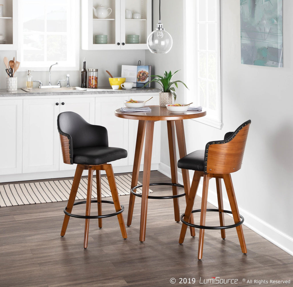 Ahoy 26" Fixed-Height Counter Stool - Walnut Bamboo, Black PU, Black Metal, Brass Metal