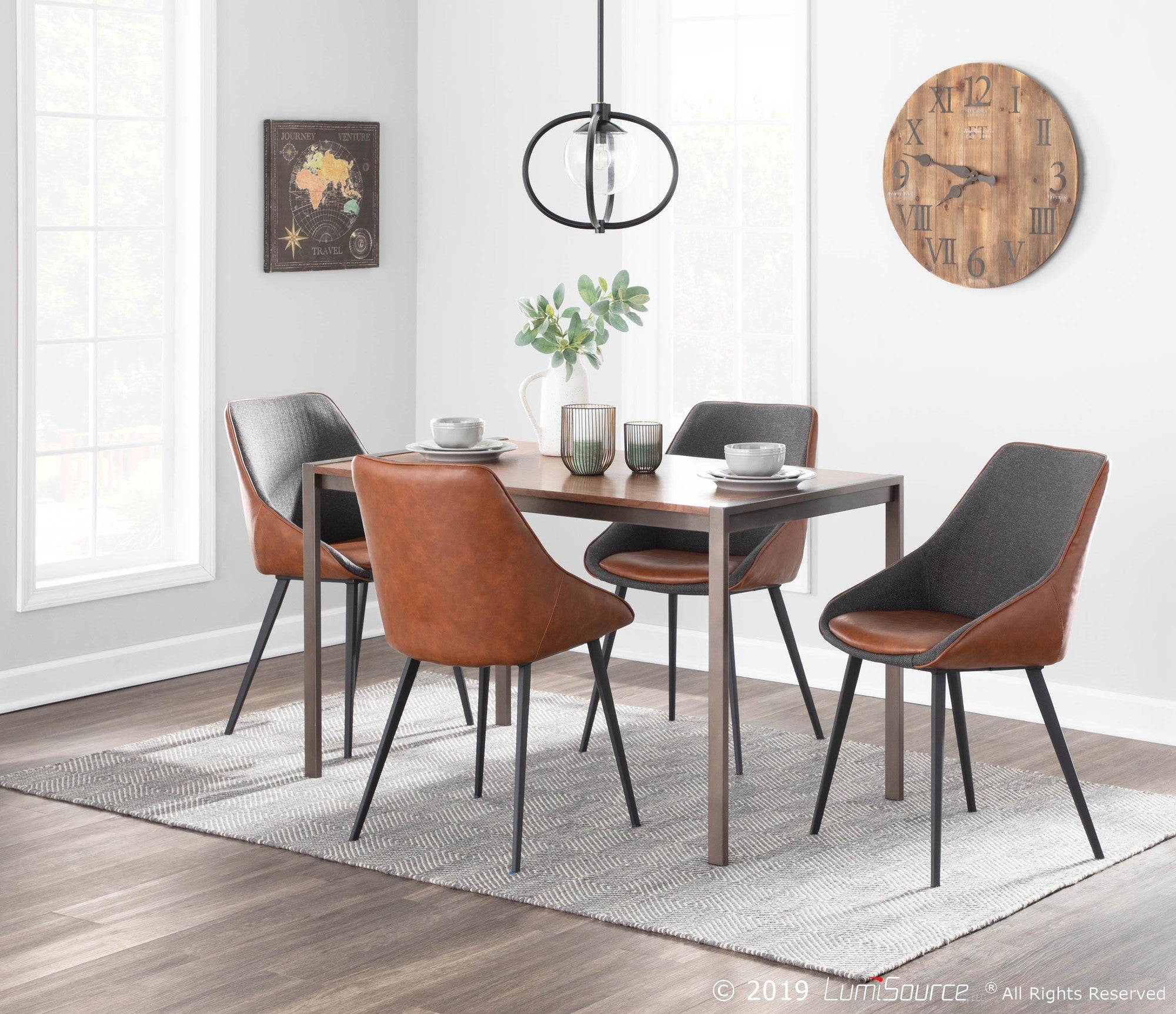 Marche Two-tone Chair - Set of 2 - Black Metal, Brown PU, Grey Fabric