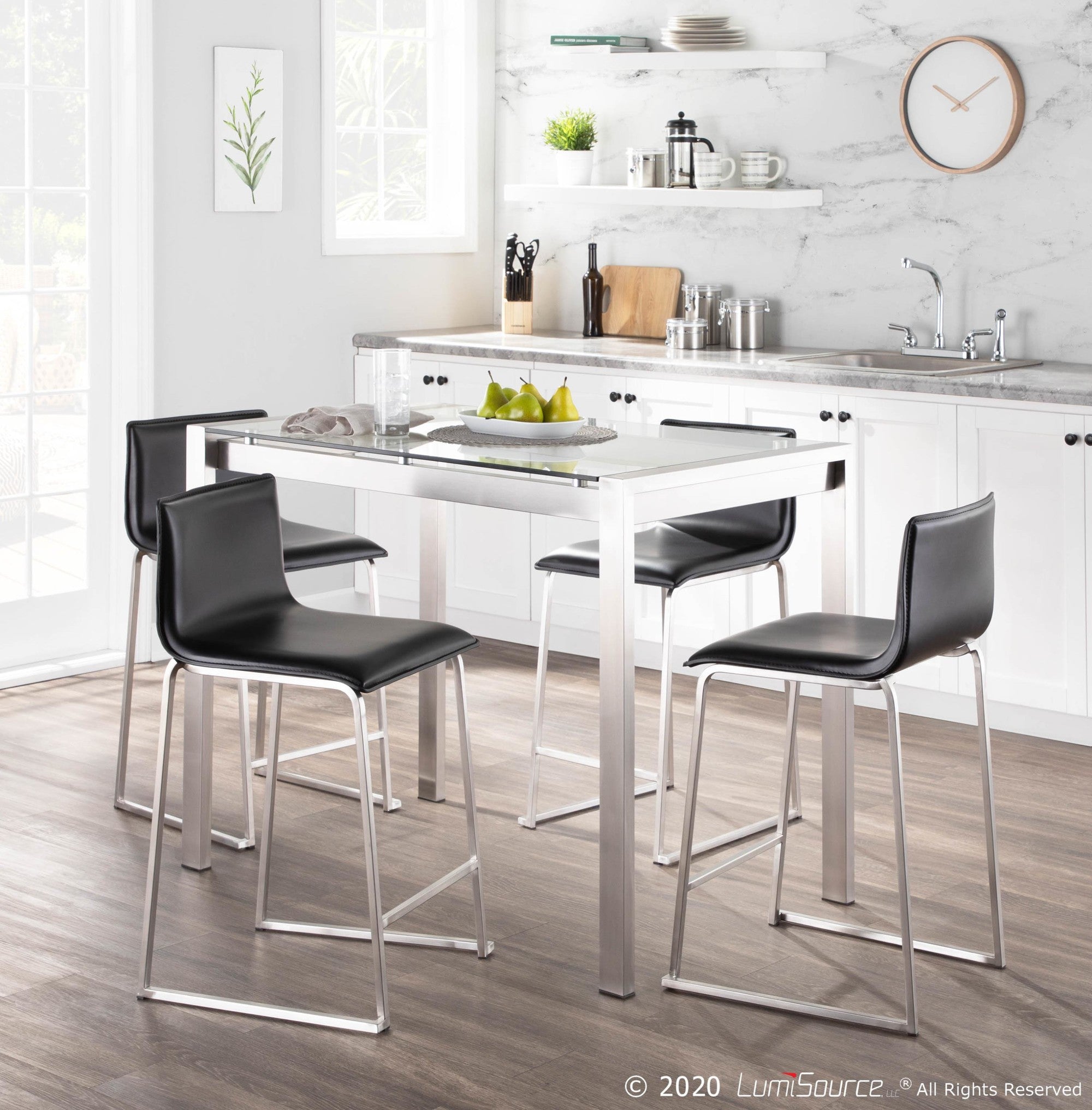 Mara 26" Fixed-Height Counter Stool - Set of 2 - Stainless Steel, Black PU