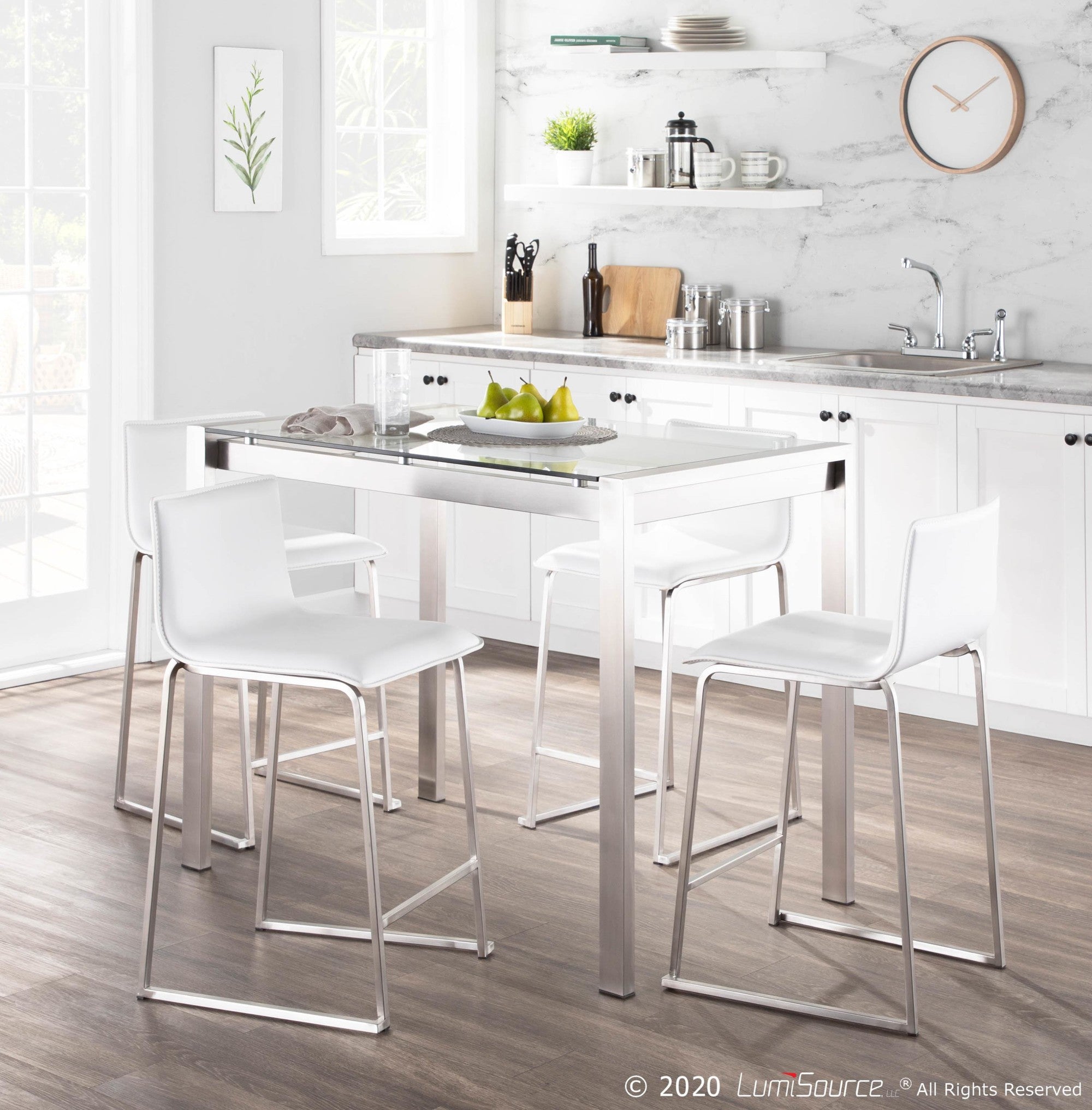 Mara 26" Fixed-Height Counter Stool - Set of 2 - Stainless Steel, White PU