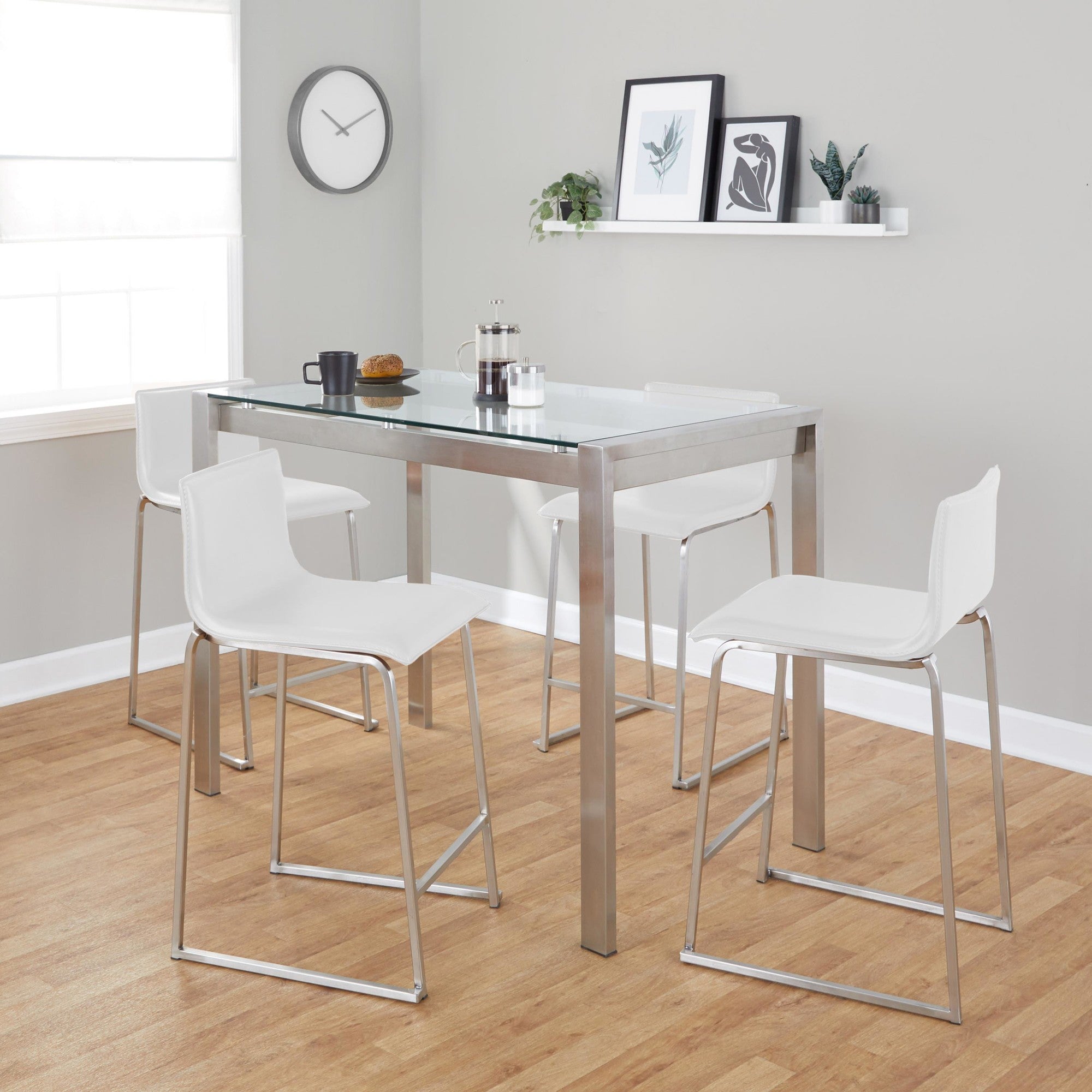 Mara 26" Fixed-Height Counter Stool - Set of 2 - Stainless Steel, Grey PU