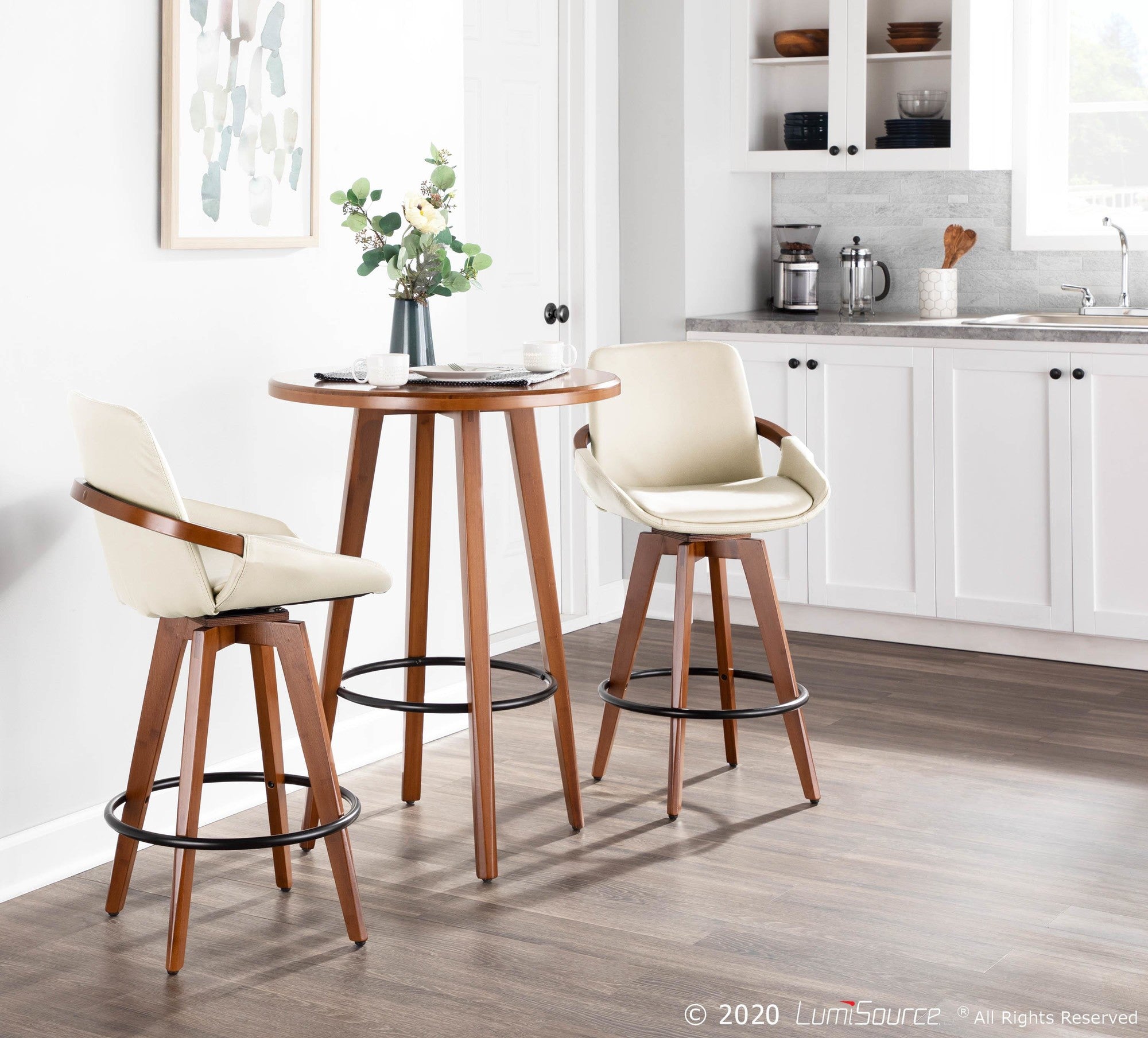 Cosmo 26" Fixed-Height Counter Stool - Walnut Bamboo, Cream PU, Black Metal