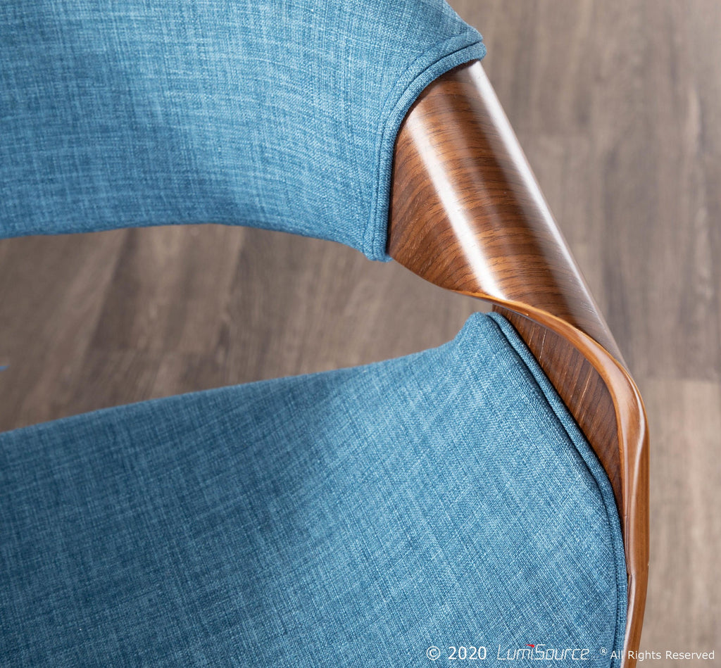 Curvini 30'' Fixed-Height Barstool - Set of 2 - Walnut Wood, Blue Fabric, Chrome