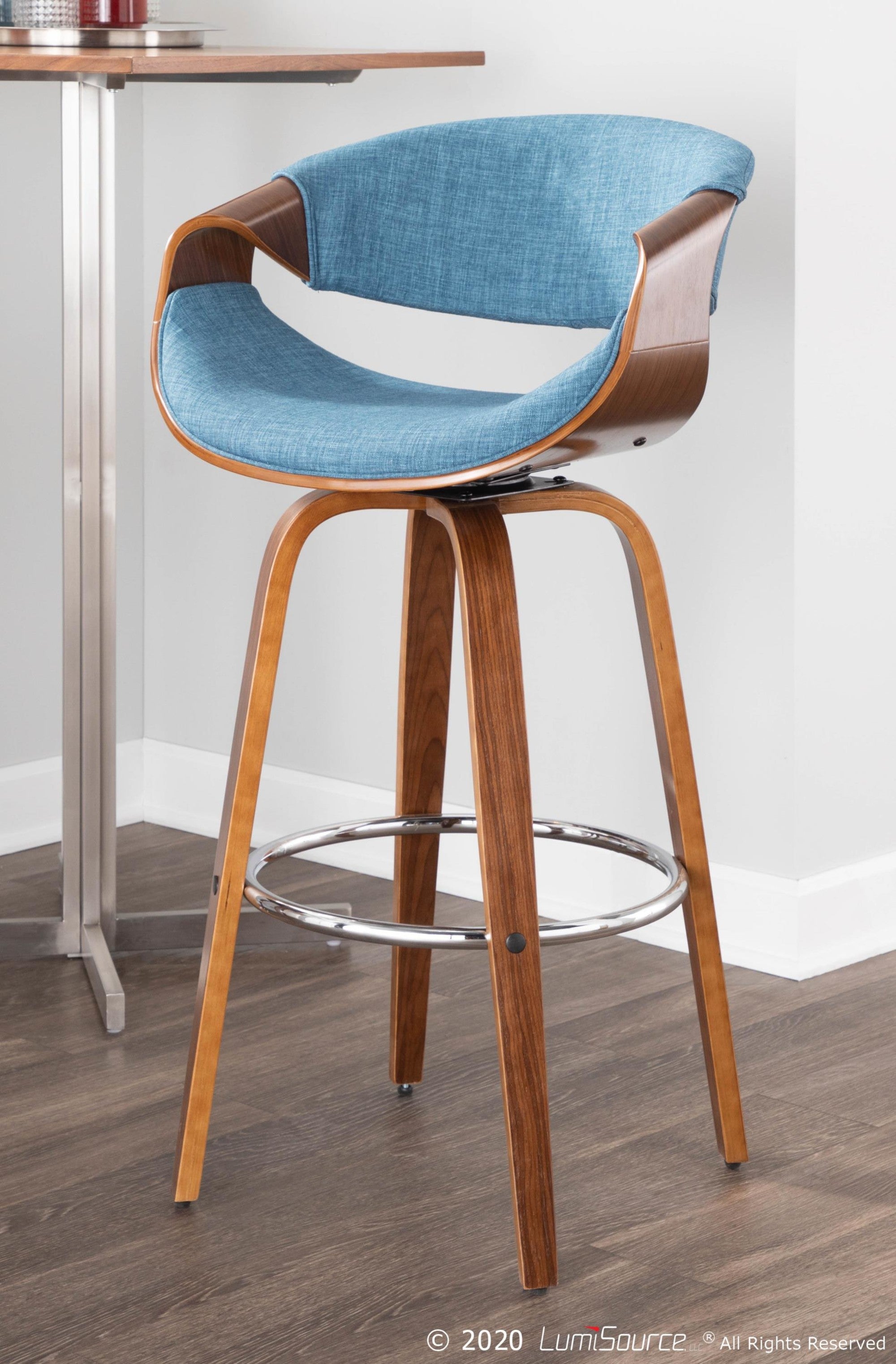 Curvini 30'' Fixed-Height Barstool - Set of 2 - Walnut Wood, Blue Fabric, Chrome