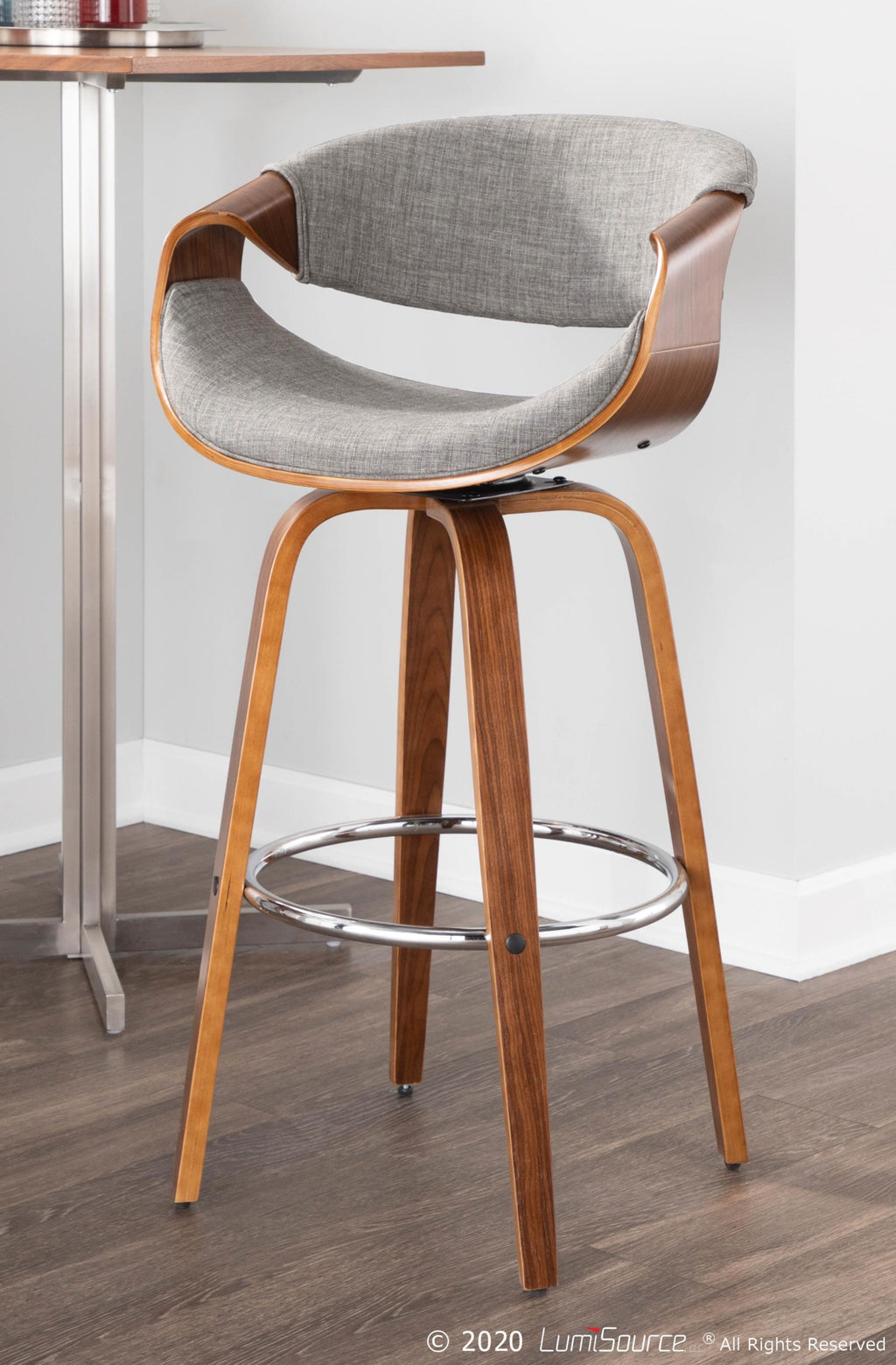 Curvini 30'' Fixed-Height Barstool - Set of 2 - Walnut Wood, Grey Fabric, Chrome