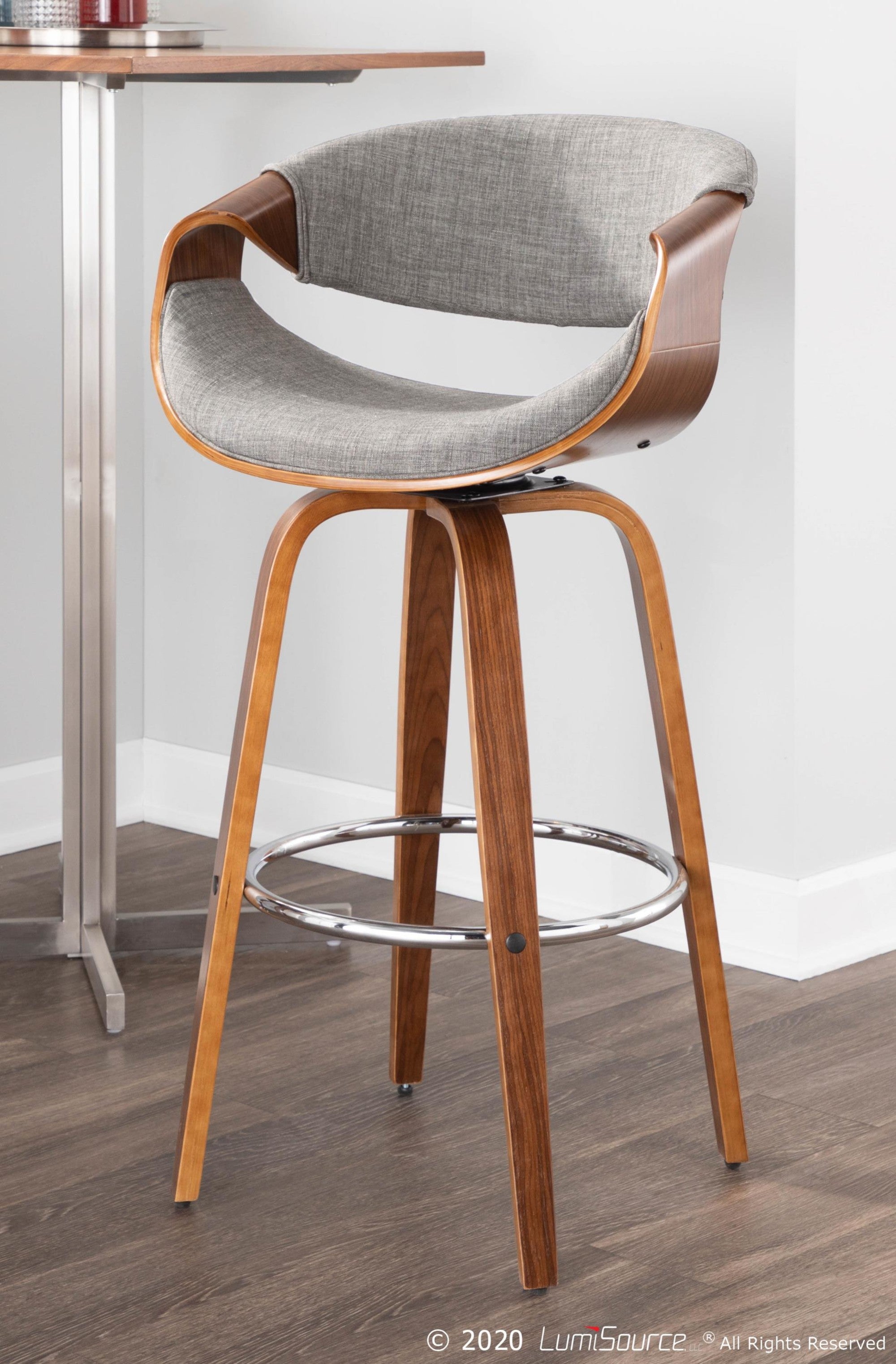 Curvini 30'' Fixed-Height Barstool - Set of 2 - Walnut Wood, Grey Fabric, Chrome
