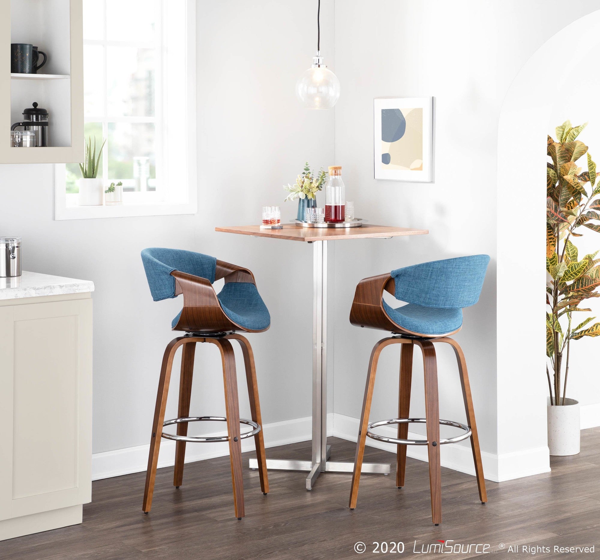 Curvini 30'' Fixed-Height Barstool - Set of 2 - Walnut Wood, Blue Fabric, Chrome