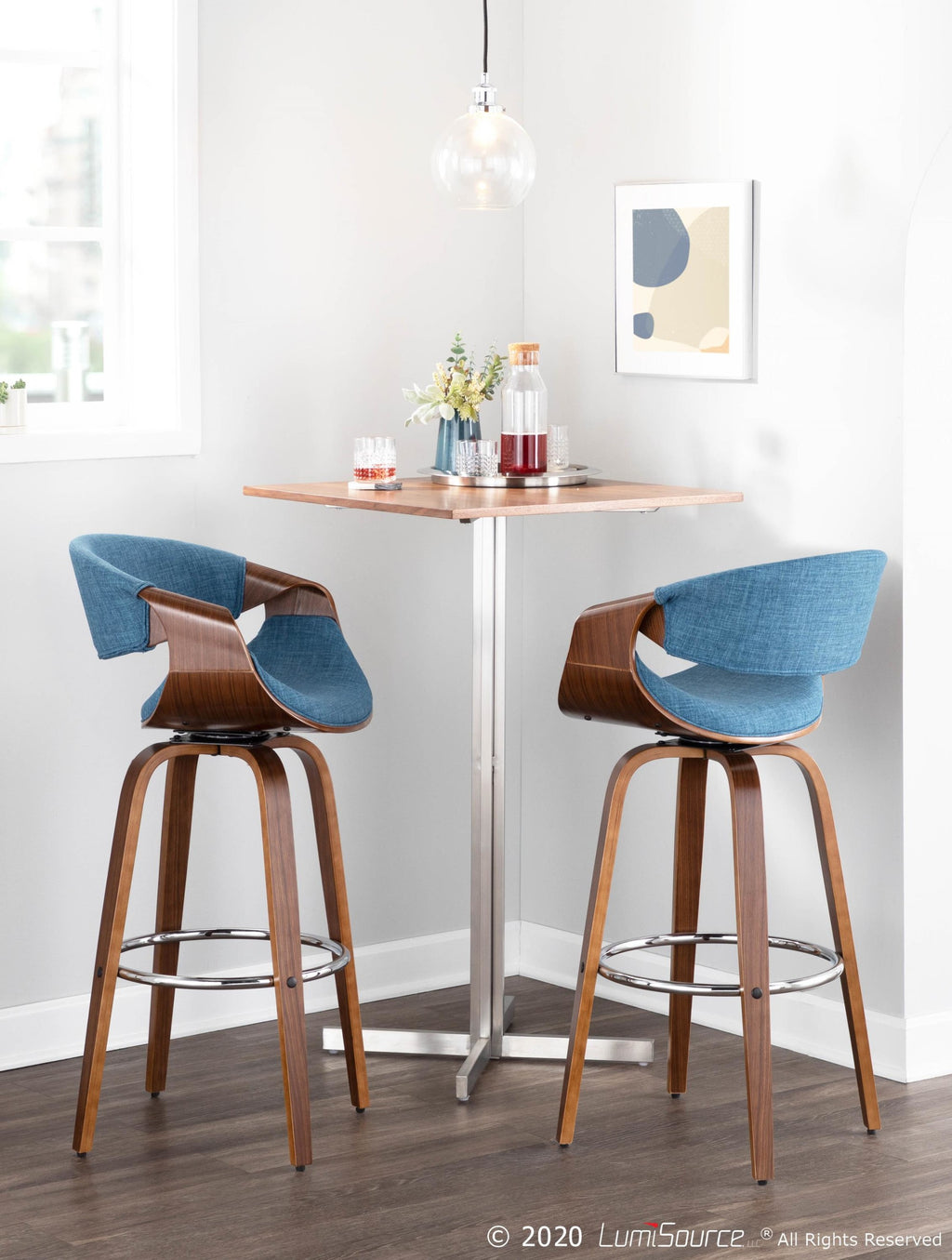Curvini 30'' Fixed-Height Barstool - Set of 2 - Walnut Wood, Blue Fabric, Chrome