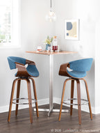 Curvini 30'' Fixed-Height Barstool - Set of 2 - Walnut Wood, Blue Fabric, Chrome