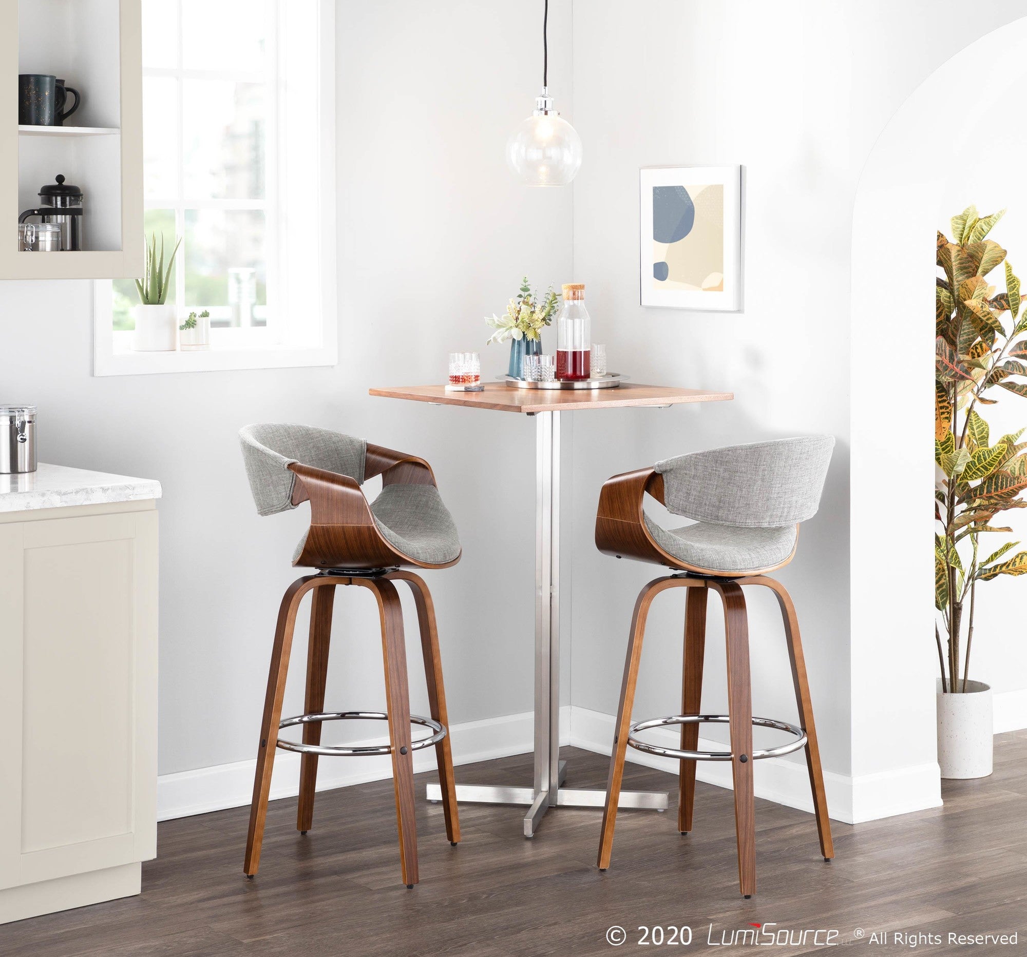 Curvini 30'' Fixed-Height Barstool - Set of 2 - Walnut Wood, Grey Fabric, Chrome