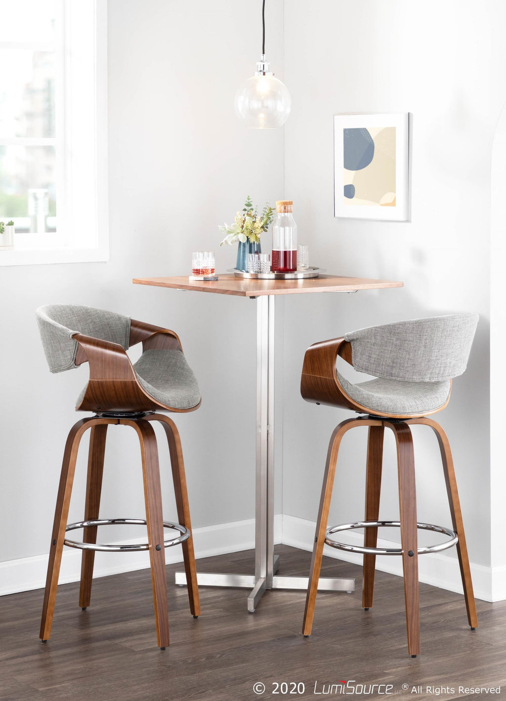 Curvini 30'' Fixed-Height Barstool - Set of 2 - Walnut Wood, Grey Fabric, Chrome