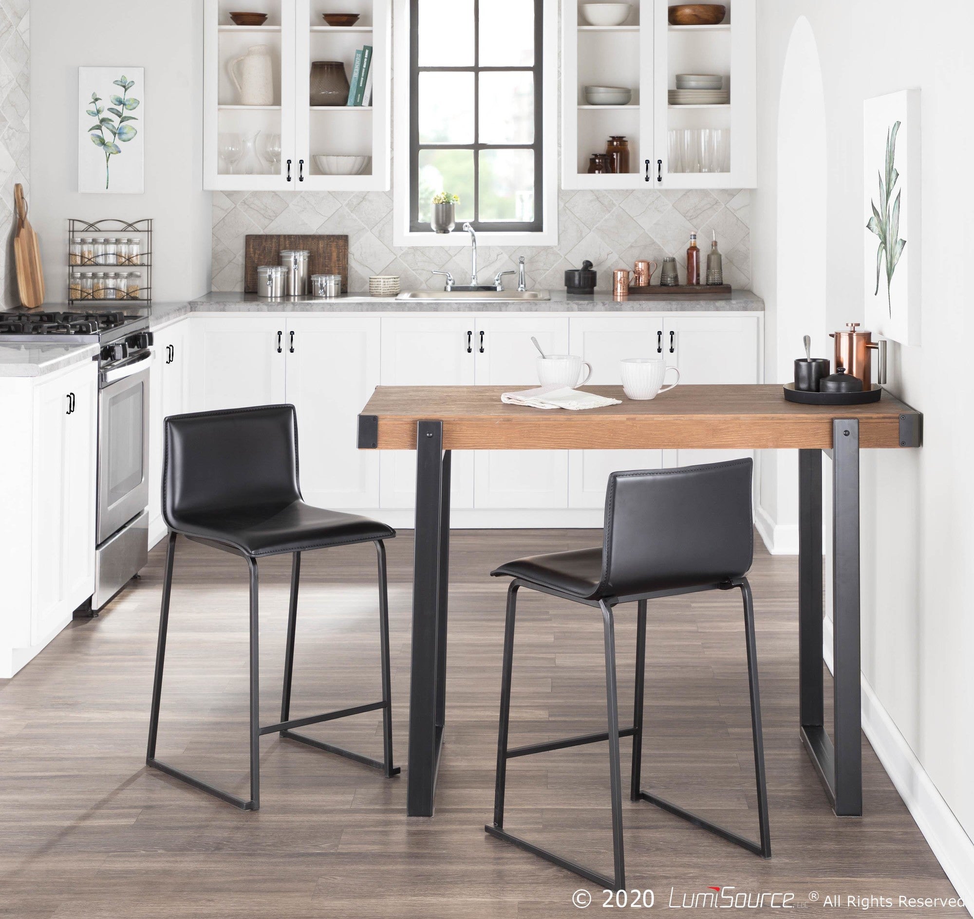 Mara 26" Fixed-Height Counter Stool - Set of 2 - Black Metal, Black PU