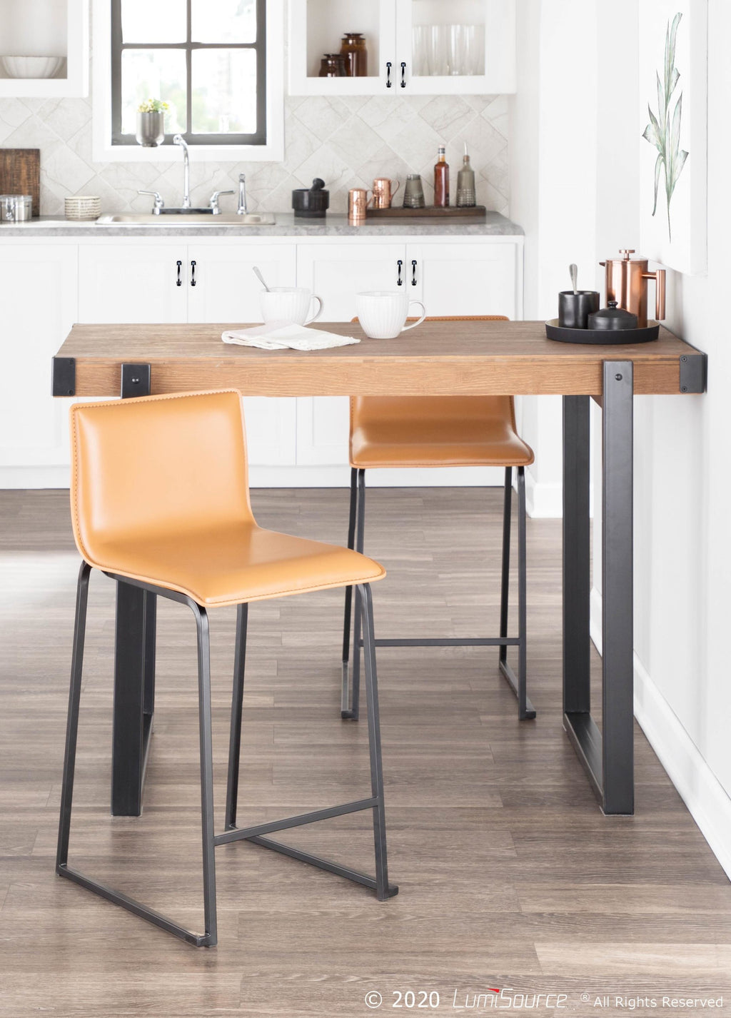 Mara 26" Fixed-Height Counter Stool - Set of 2 - Black Metal, Camel PU