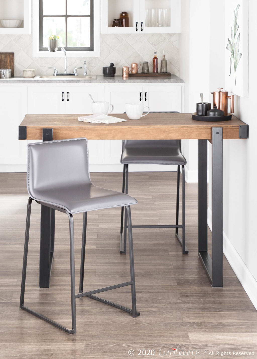 Mara 26" Fixed-Height Counter Stool - Set of 2 - Black Metal, Grey PU