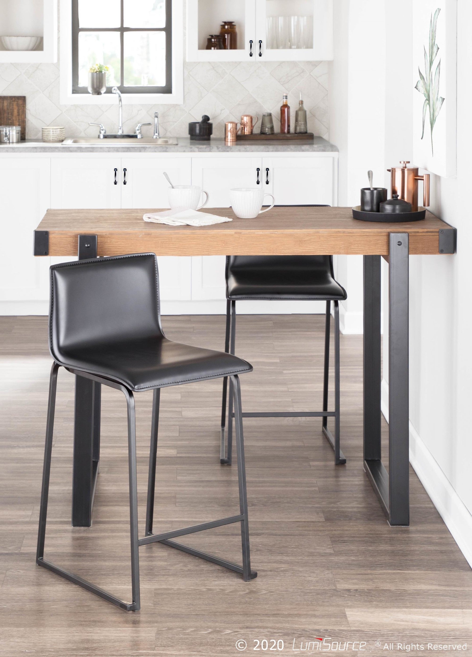 Mara 26" Fixed-Height Counter Stool - Set of 2 - Black Metal, Black PU
