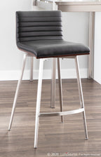 Mason 26" Fixed-Height Counter Stool - Set of 2 - Stainless Steel, Walnut Wood, Black PU