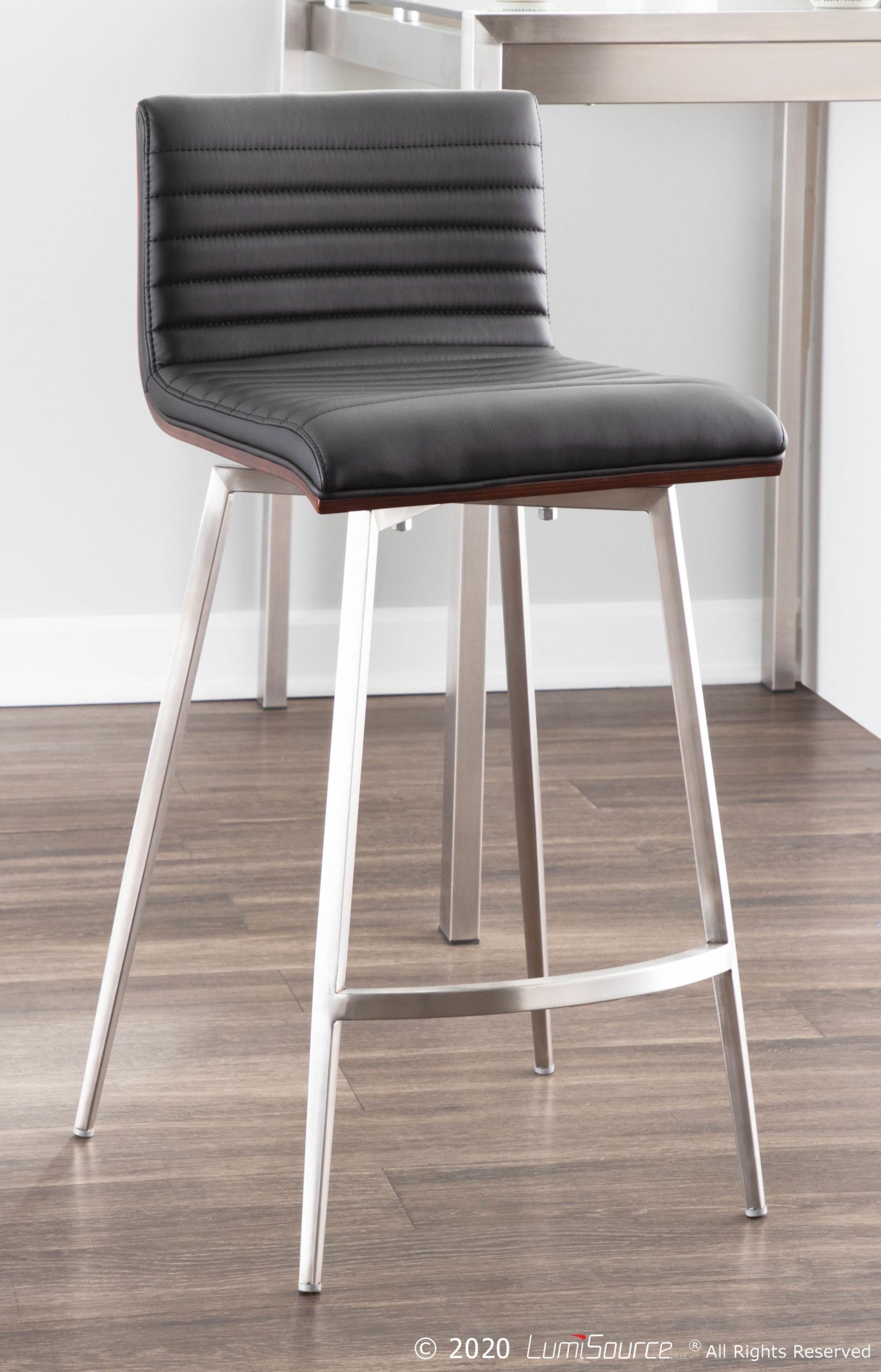 Mason 26" Fixed-Height Counter Stool - Set of 2 - Stainless Steel, Walnut Wood, Black PU